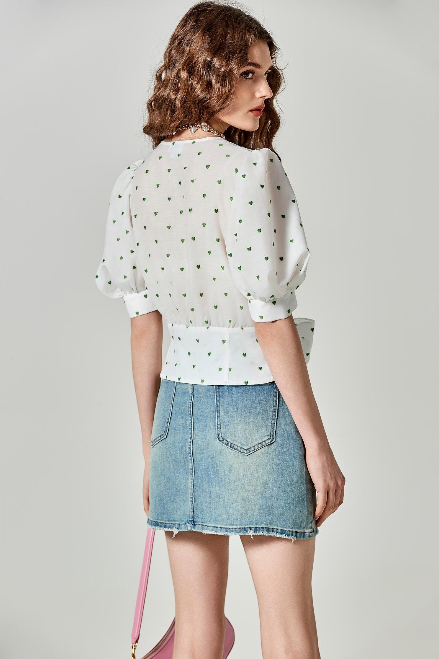 Heart Embroidered Pattern Puff Sleeve TopHetian Jade Color Heart Embroidery Top,Tops,Embroidered,Season (SS) Look