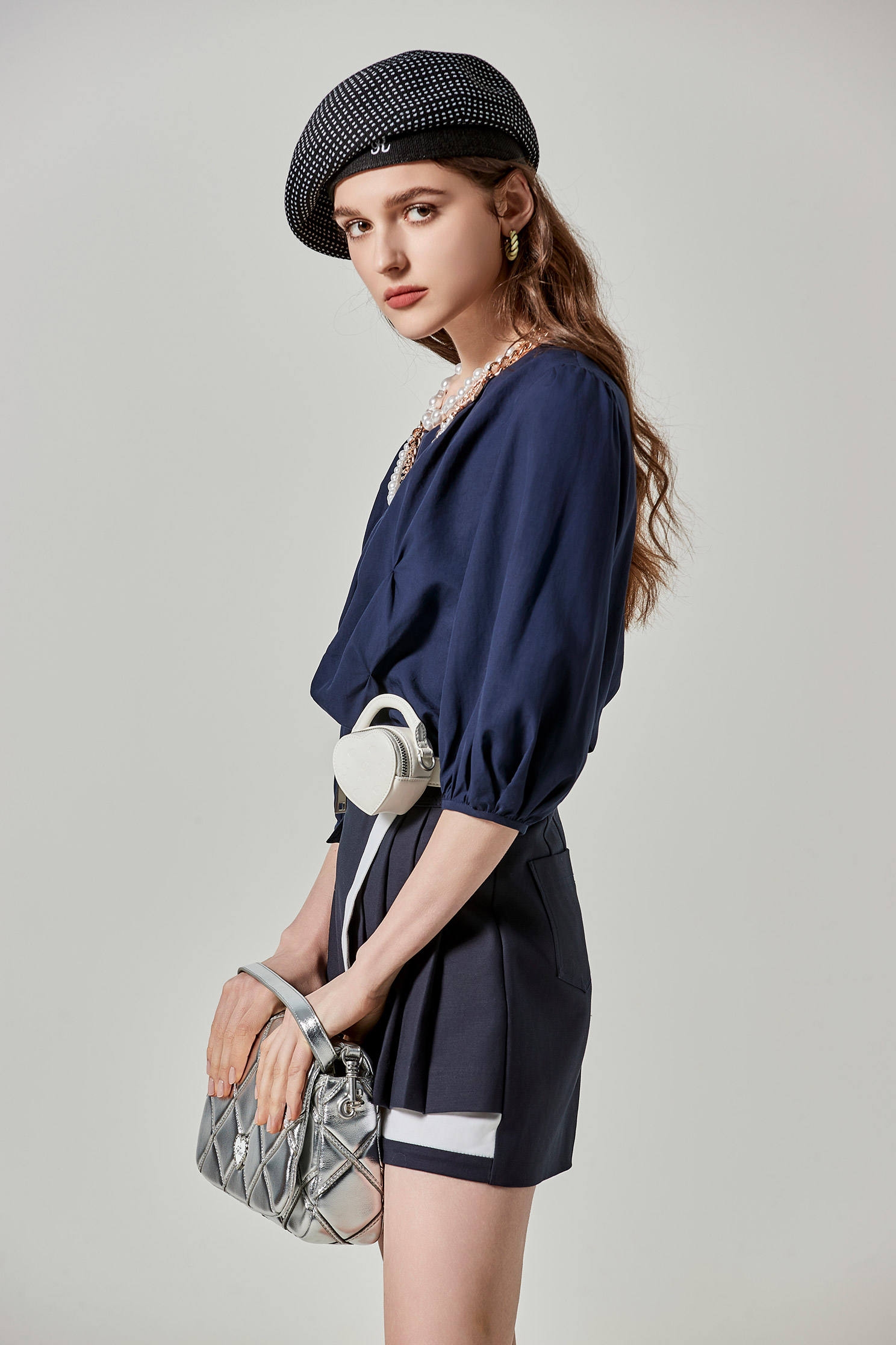 Irregular Fold Detail Navy TopIrregular Fold Detail Navy Top,Tops,Season (SS) Look,Plaid