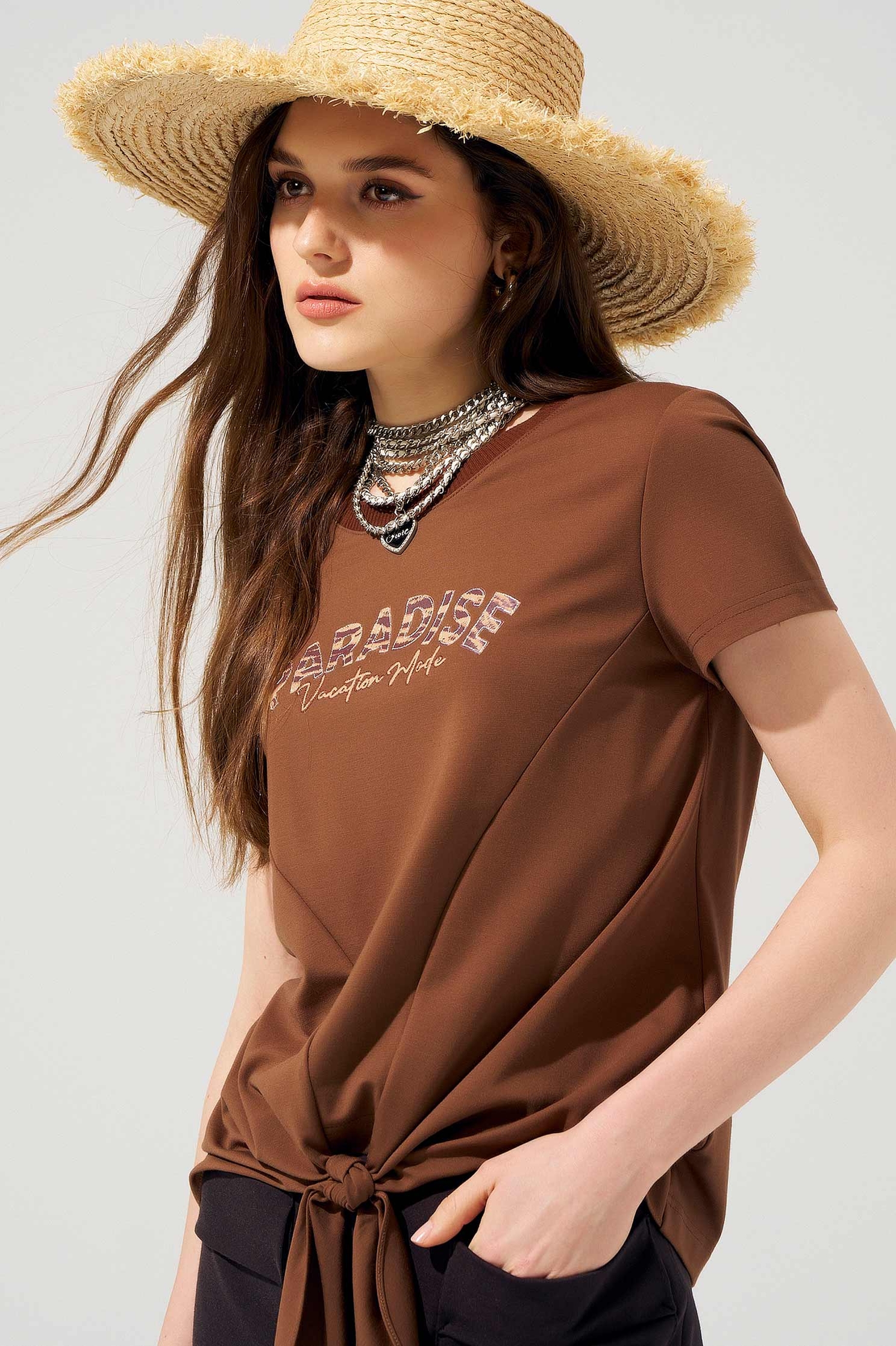 Caramel Animal Print Letter Graphic Tie T-shirtCaramel Animal Print Letter Graphic Tie T-shirt,Tops,Season (SS) Look