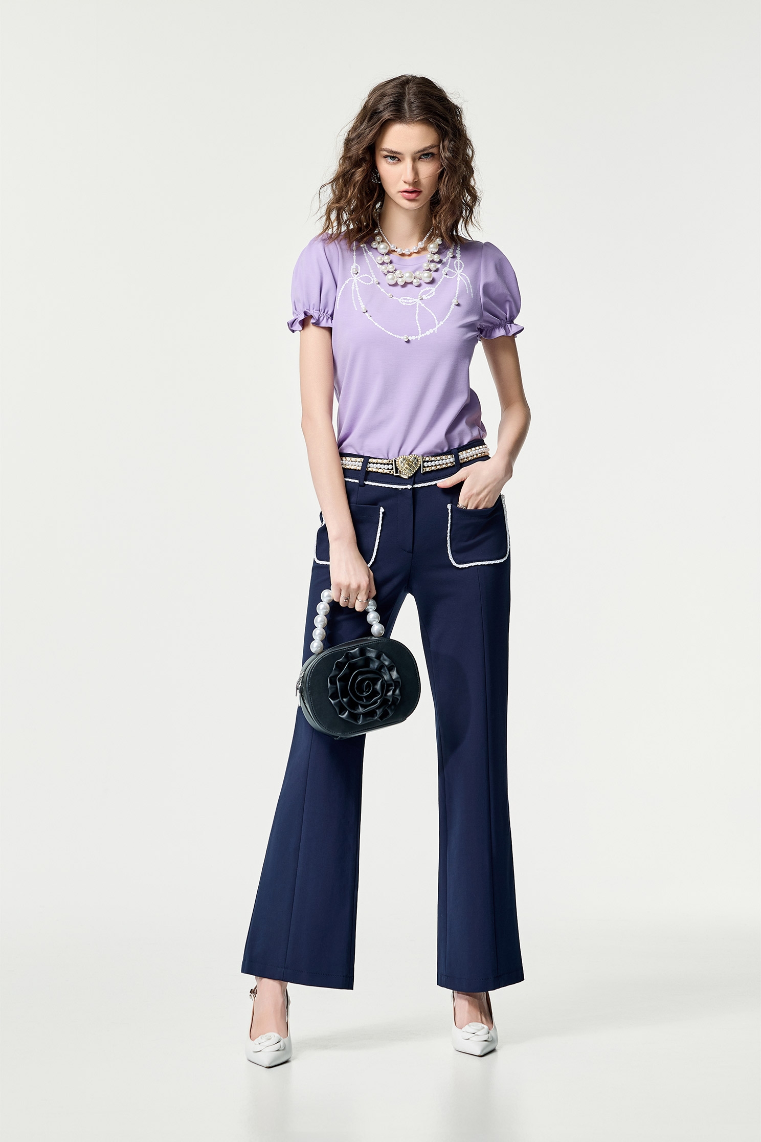 Printed Graphic Pearl Detail TeePrinted Graphic Pearl Detail Tee,Tops,Season (SS) Look,pearl,Necklaces