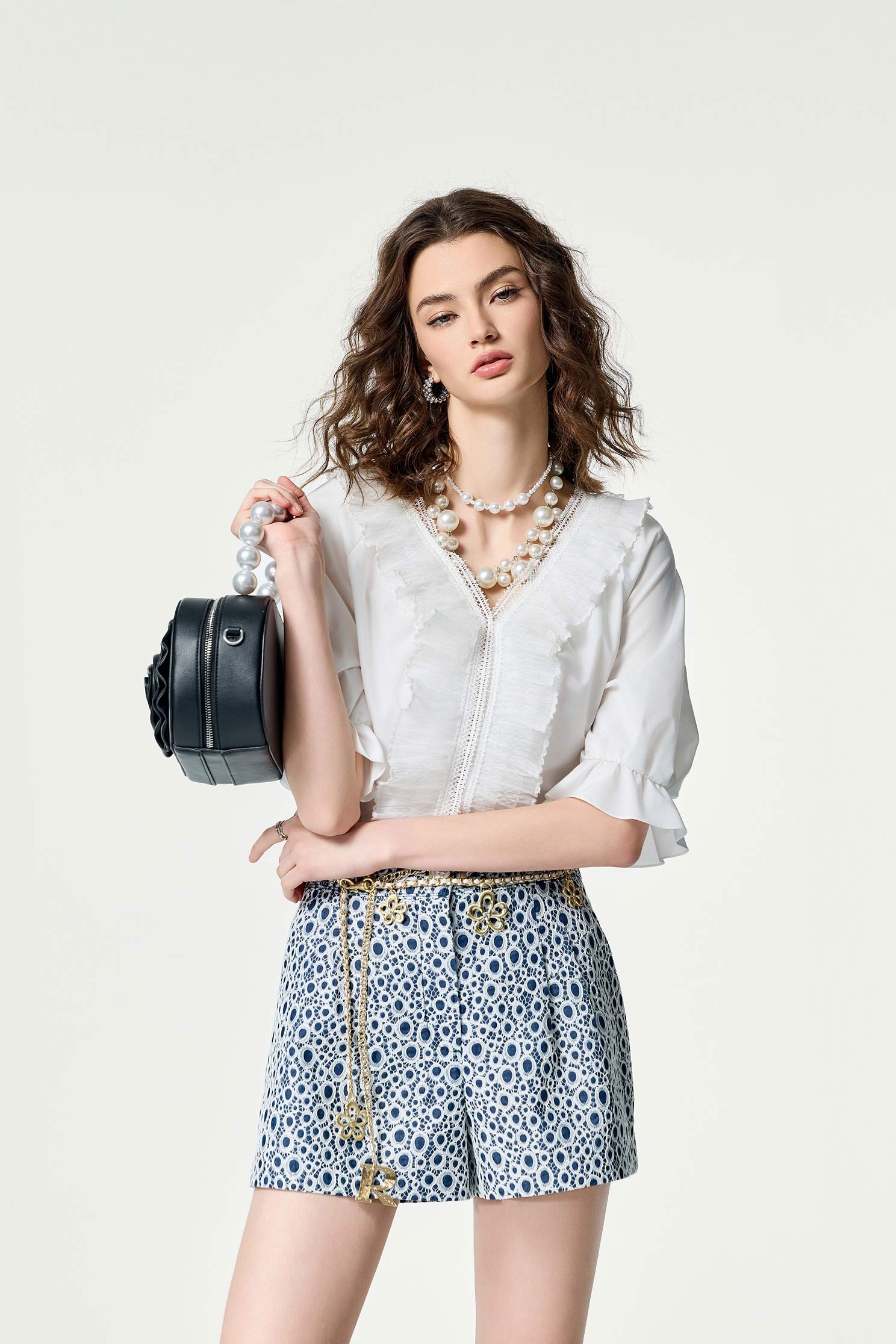 Ruffle Detail V-neck TopRuffle Detail V-neck Top,V-Neck T shirts,Office Looks,Tops,Season (SS) Look,Valentine,Lace,Lace tops
