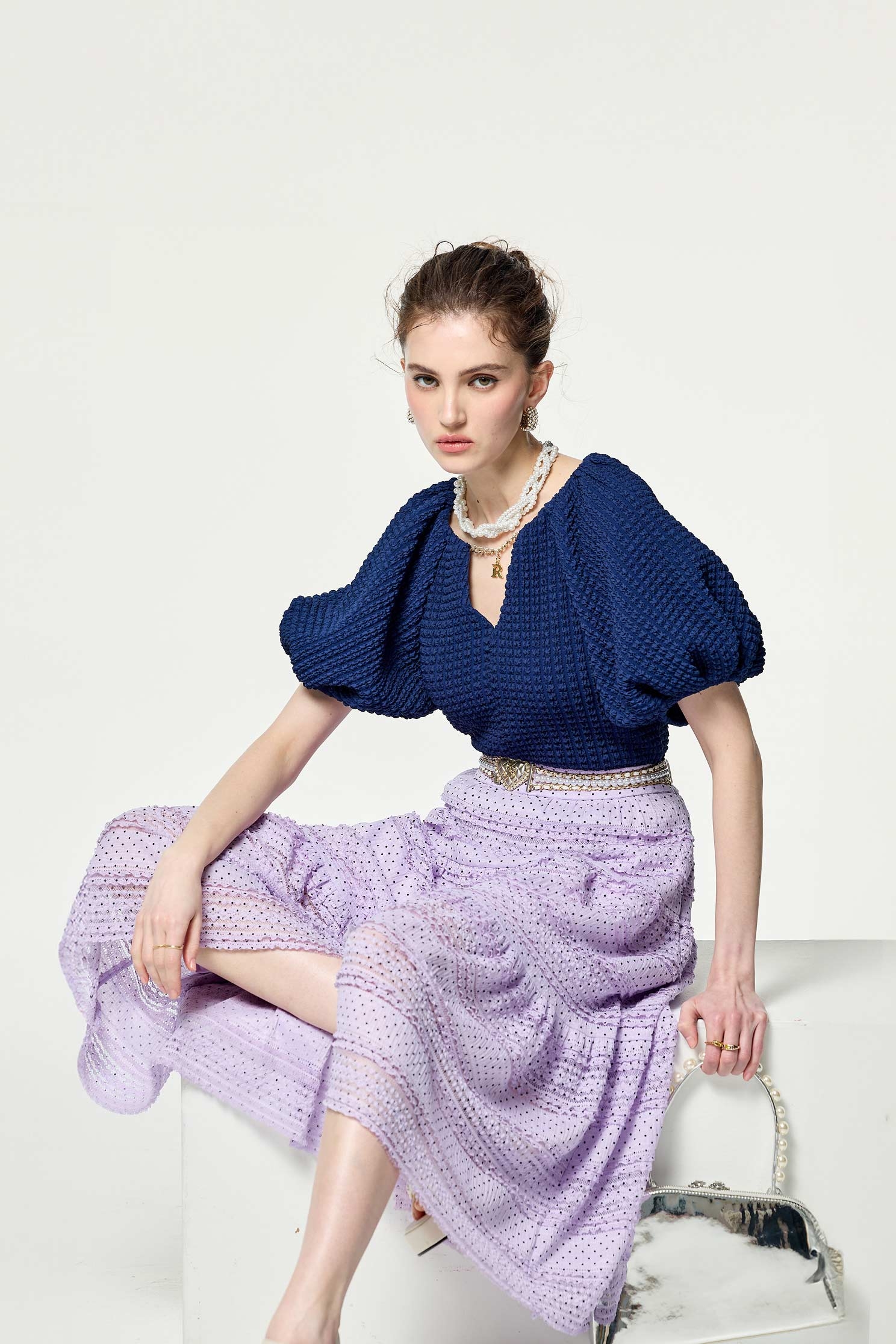 Navy Puff Sleeve V-neck TopNavy Puff Sleeve V-neck Top,V-Neck T shirts,Tops,Season (SS) Look,Plaid,Valentine