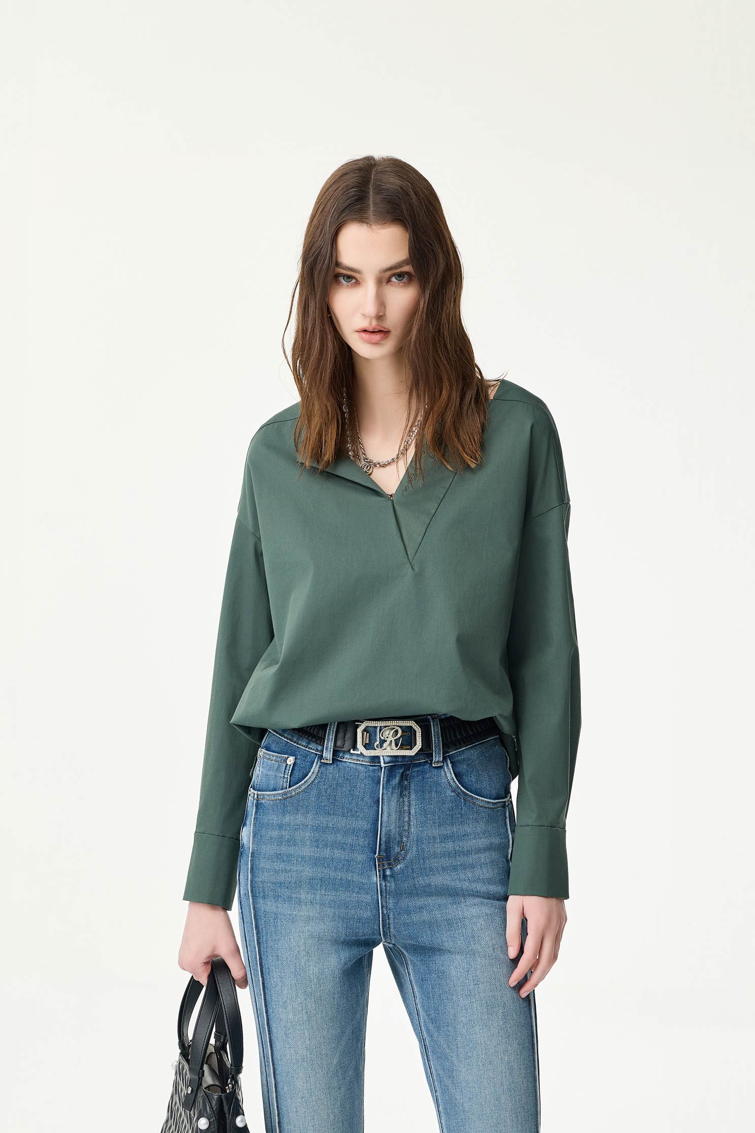 V-neck Solid Green BlouseV-neck Solid Green Blouse,Office Looks,Season (SS) Look,Embroidered,Blouses