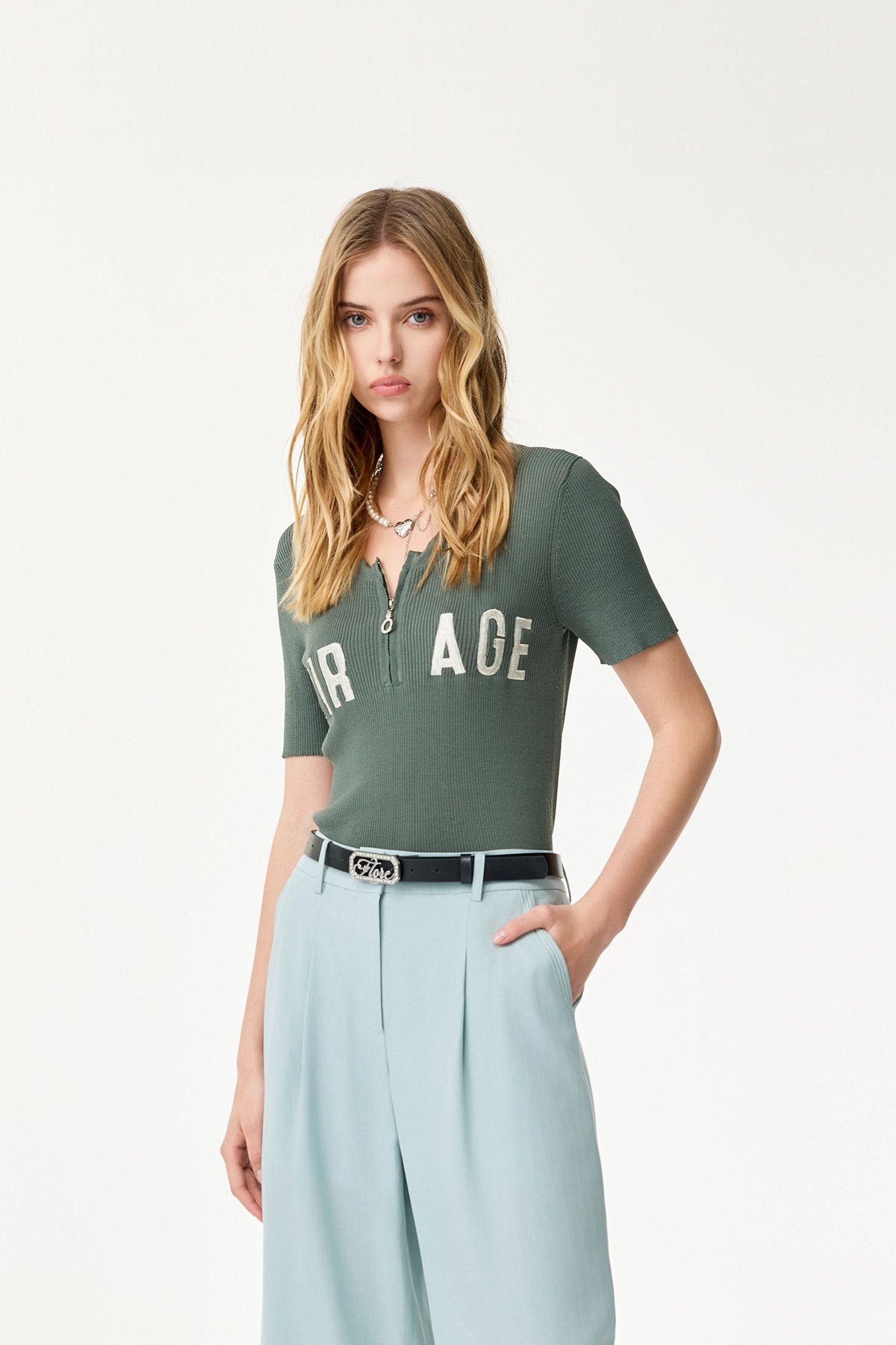 Embroidered Slogan Knit TopEmbroidered Slogan Knit Top,Tops,Season (SS) Look,Short sleeve tops,Valentine,Embroidered,Knitted,Knitted tops