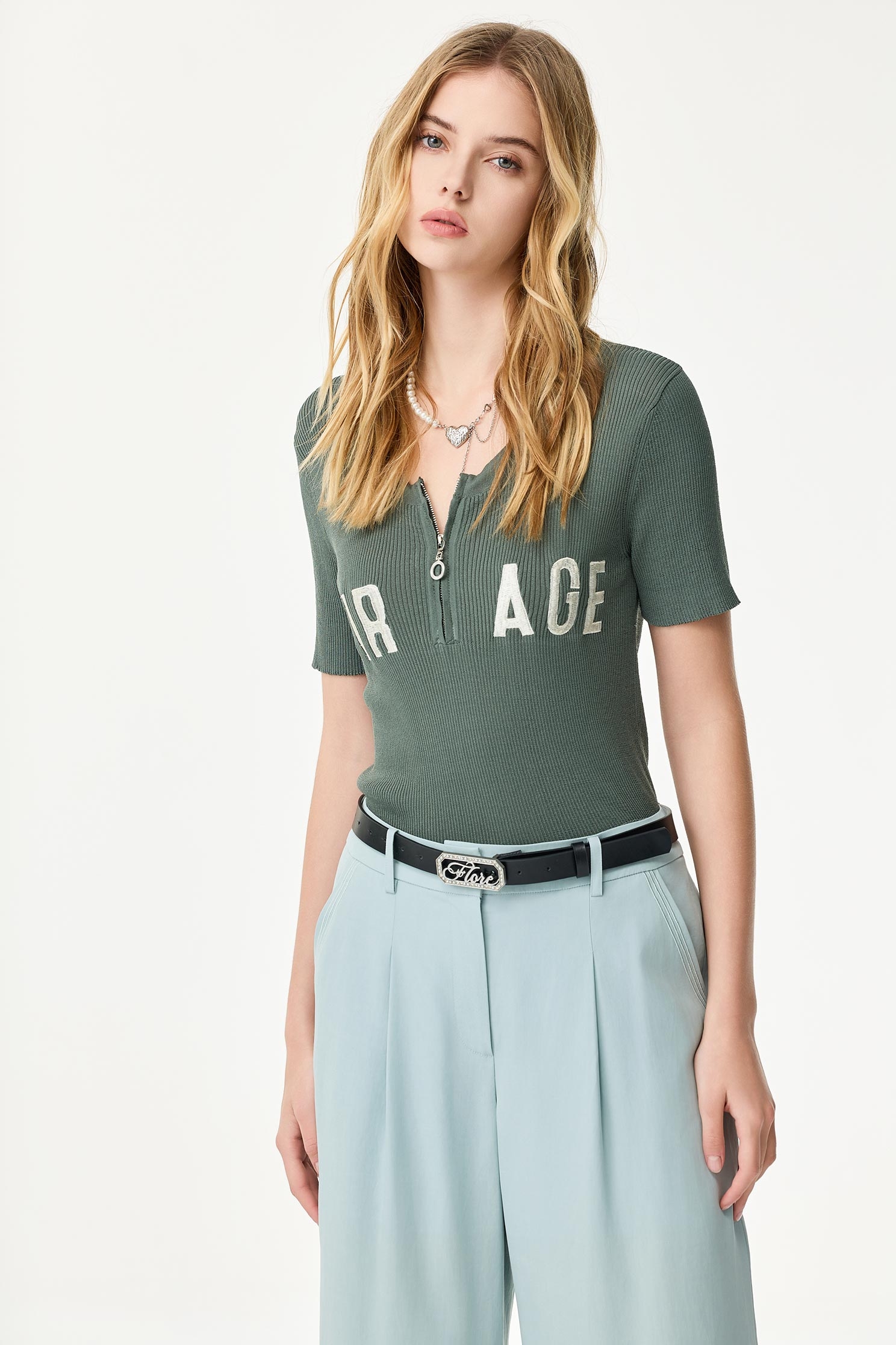 Embroidered Slogan Knit TopEmbroidered Slogan Knit Top,Tops,Season (SS) Look,Short sleeve tops,Valentine,Embroidered,Knitted,Knitted tops