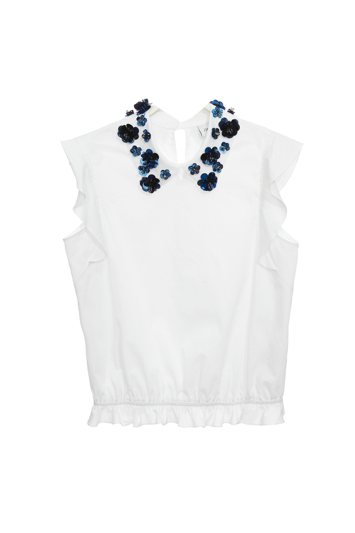 Navy Floral Beadings Ruffle Sleeve TopNavy Floral Beadings Ruffle Sleeve Top,Office Looks,Tops,Season (SS) Look,blossoms