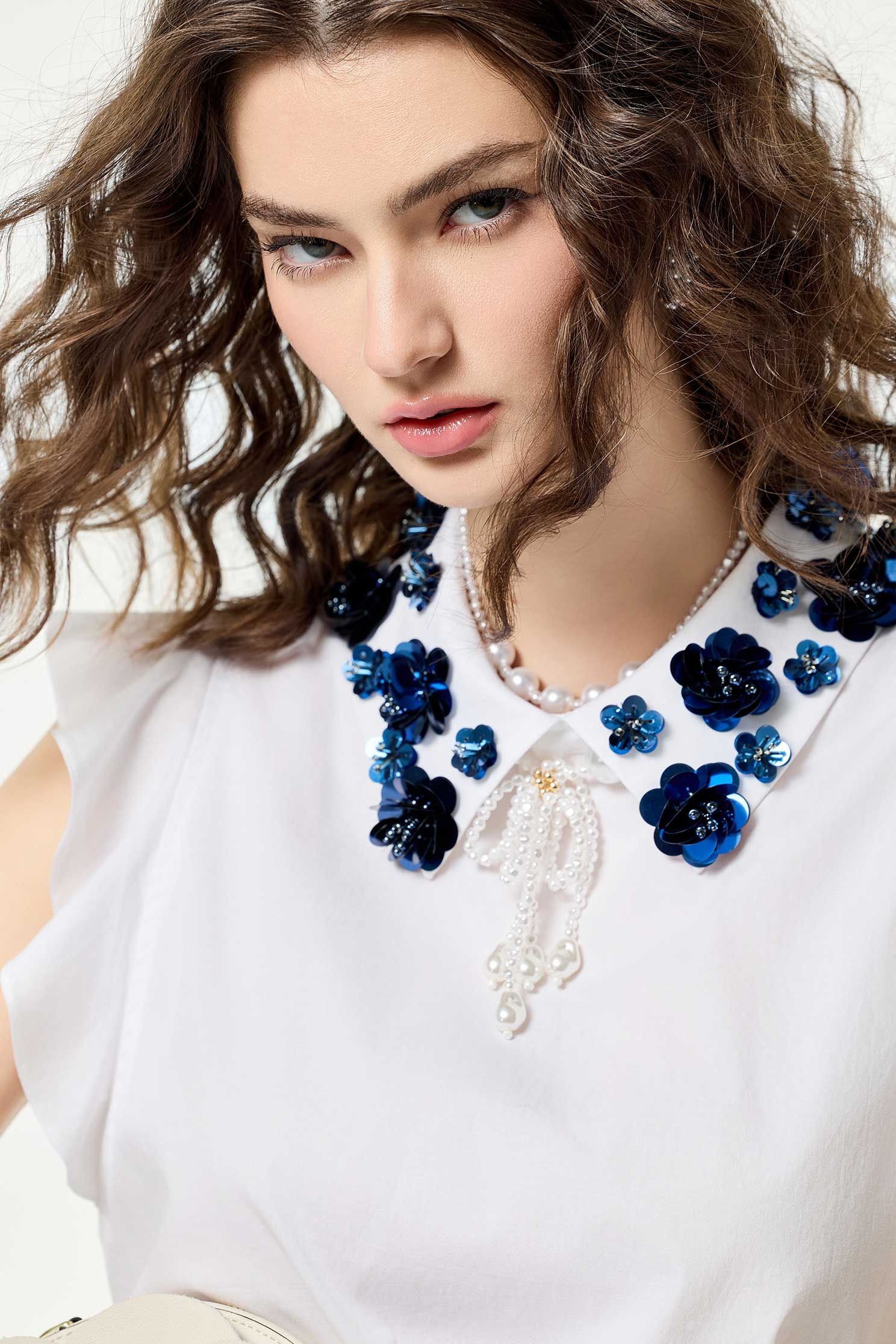 Navy Floral Beadings Ruffle Sleeve TopNavy Floral Beadings Ruffle Sleeve Top,Office Looks,Tops,Season (SS) Look,blossoms