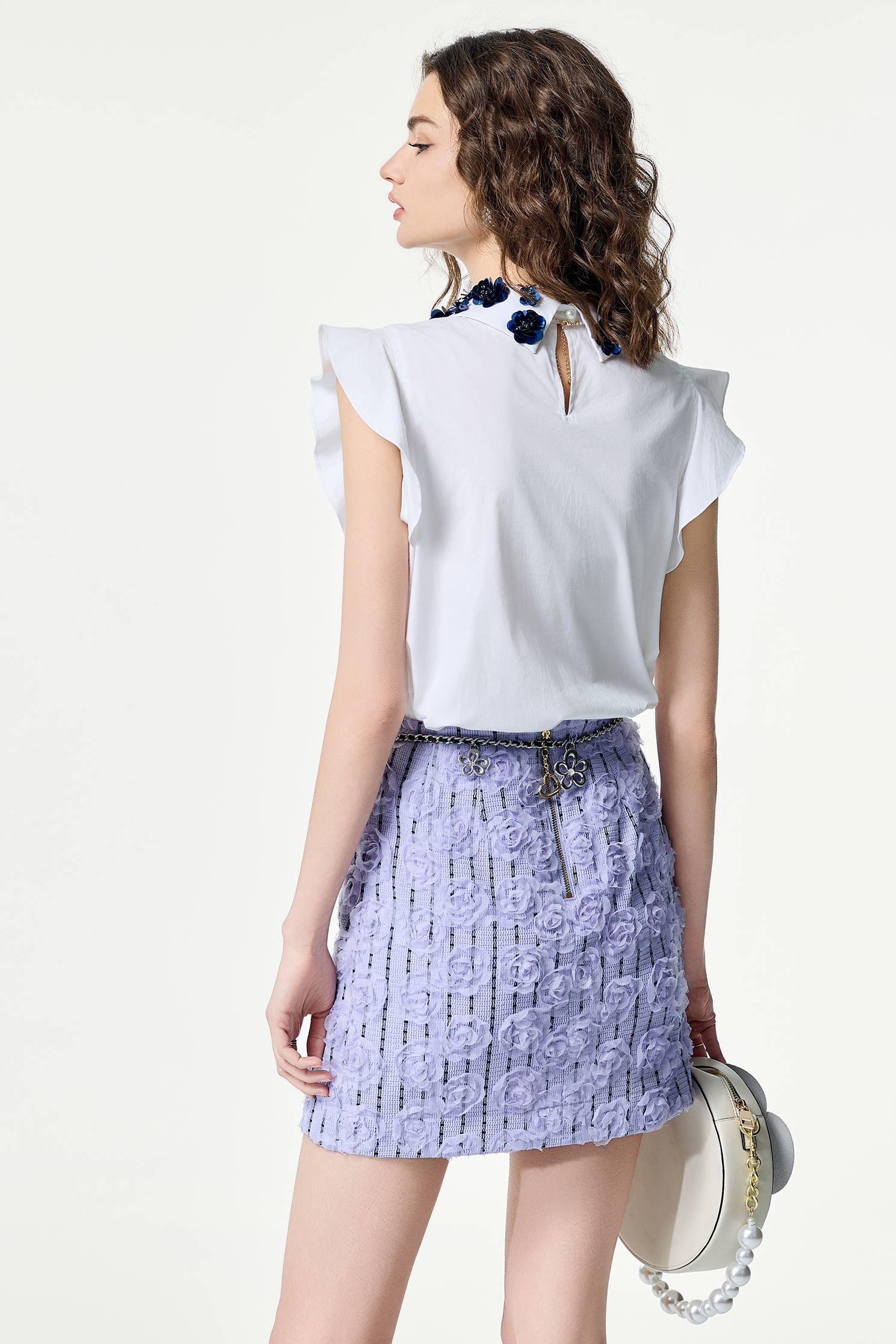 Navy Floral Beadings Ruffle Sleeve TopNavy Floral Beadings Ruffle Sleeve Top,Office Looks,Tops,Season (SS) Look,blossoms