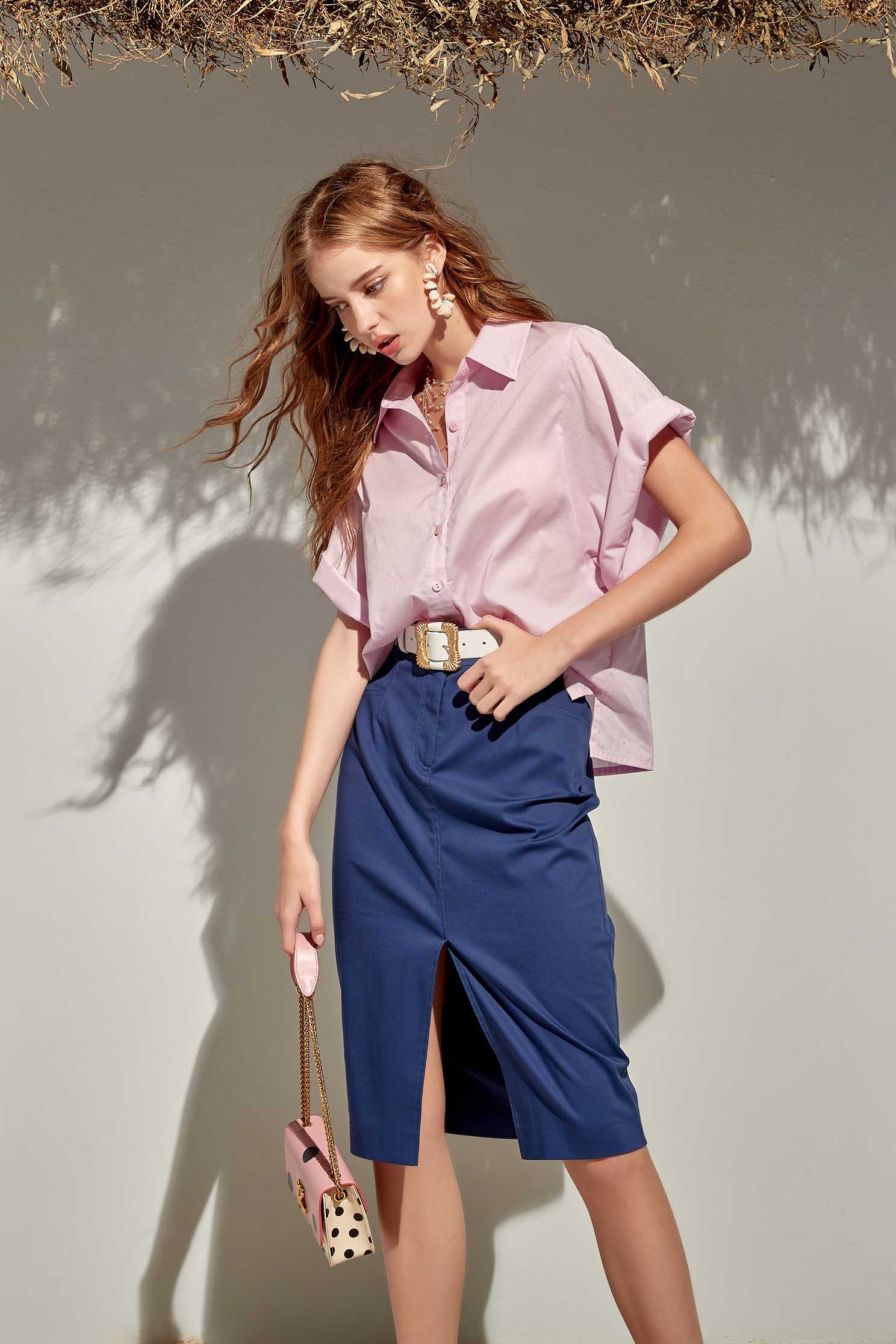 Wide Sleeve Top With Fold Over CuffsPlain shirt with wide-cuffs,Tops,Season (SS) Look,iROO LIVE,Pink,Blouses