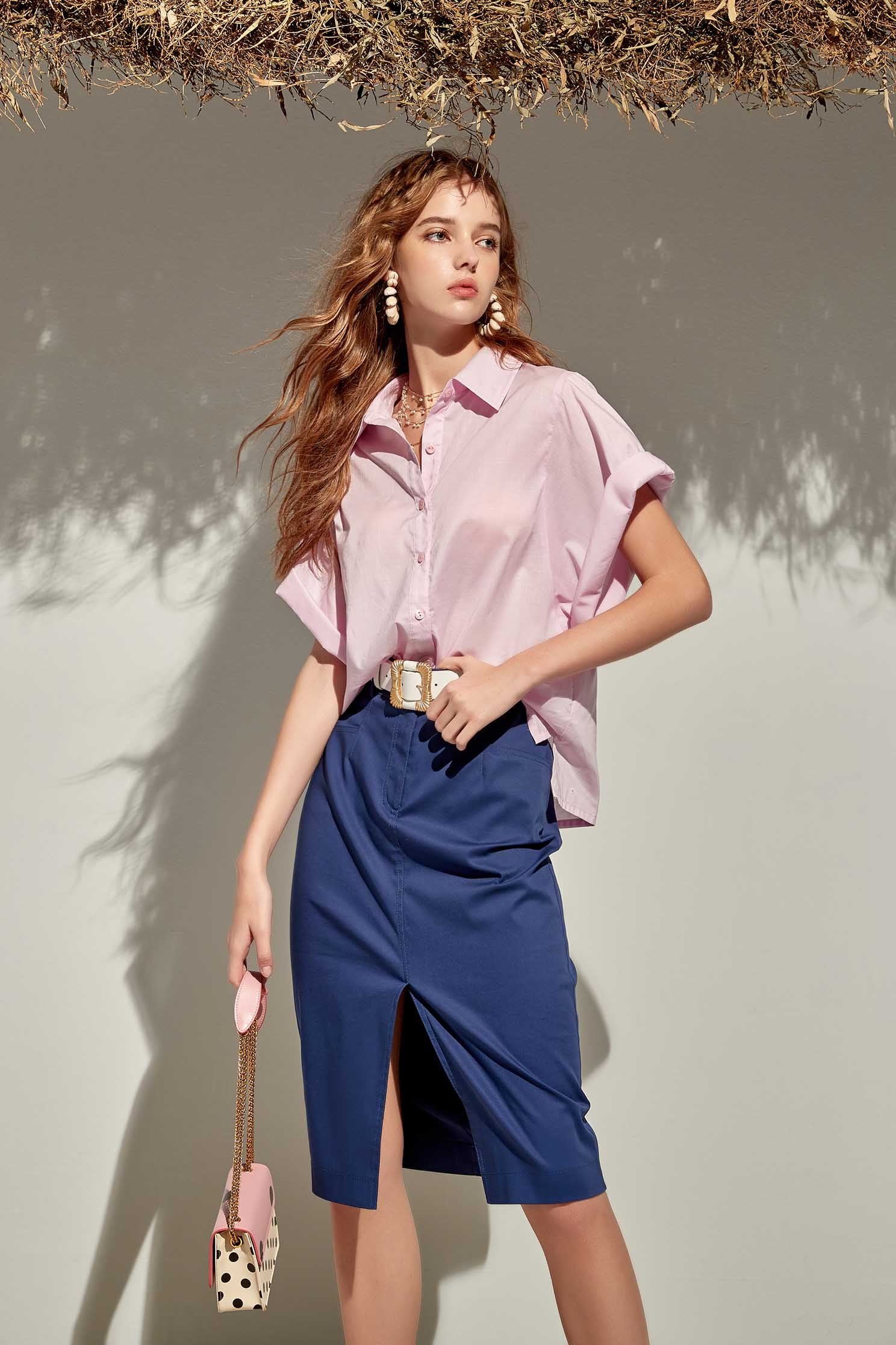 Wide Sleeve Top With Fold Over CuffsPlain shirt with wide-cuffs,Tops,Season (SS) Look,iROO LIVE,Pink,Blouses