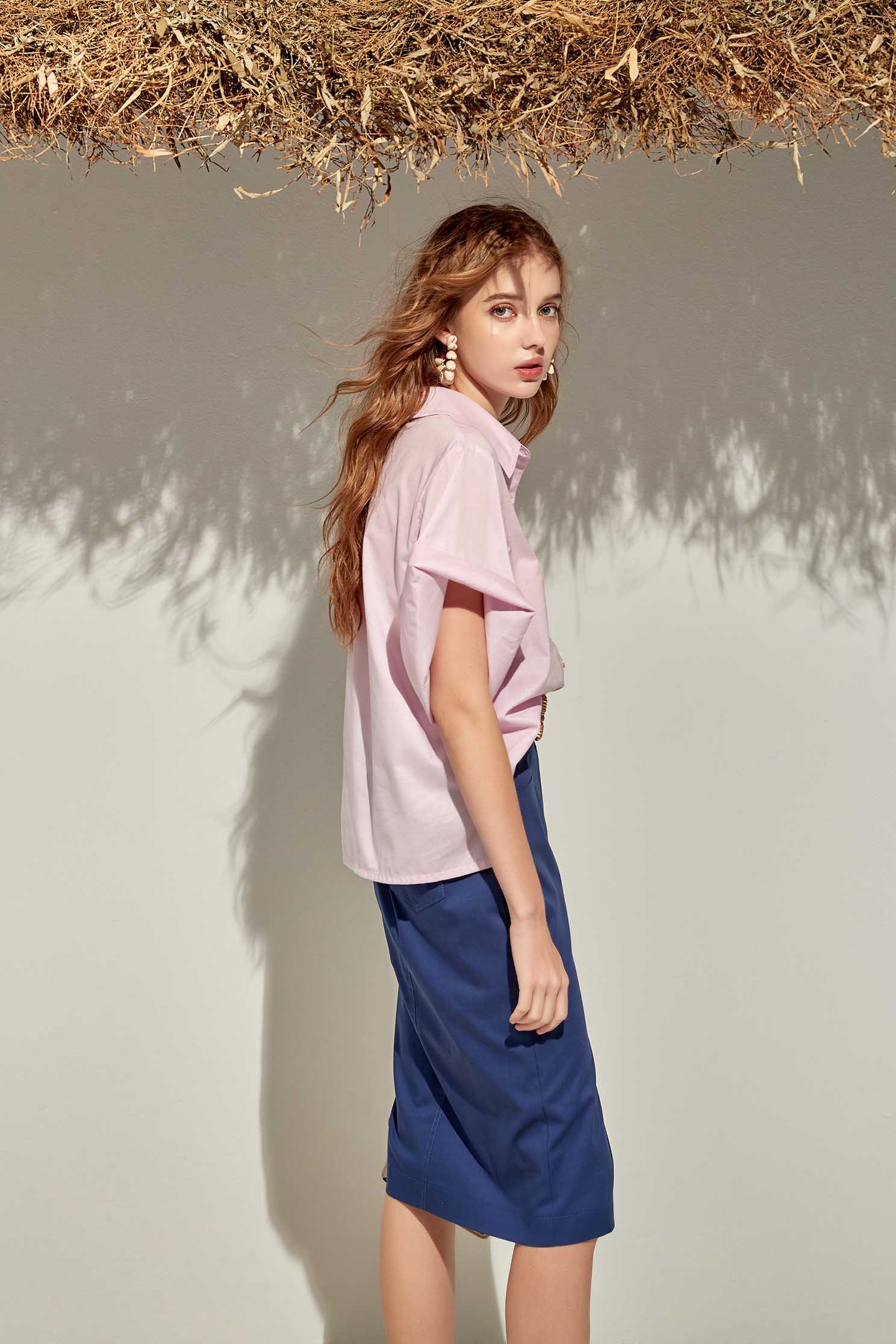 Wide Sleeve Top With Fold Over CuffsPlain shirt with wide-cuffs,Tops,Season (SS) Look,iROO LIVE,Pink,Blouses