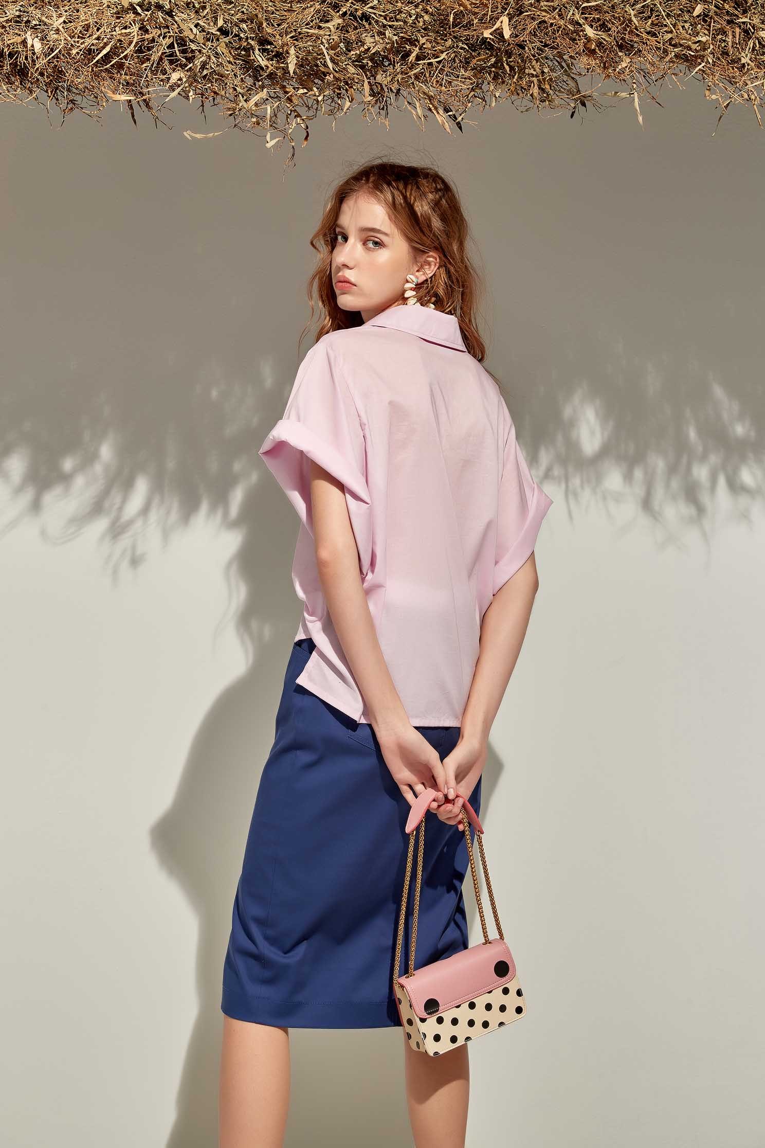 Wide Sleeve Top With Fold Over CuffsPlain shirt with wide-cuffs,Tops,Season (SS) Look,iROO LIVE,Pink,Blouses