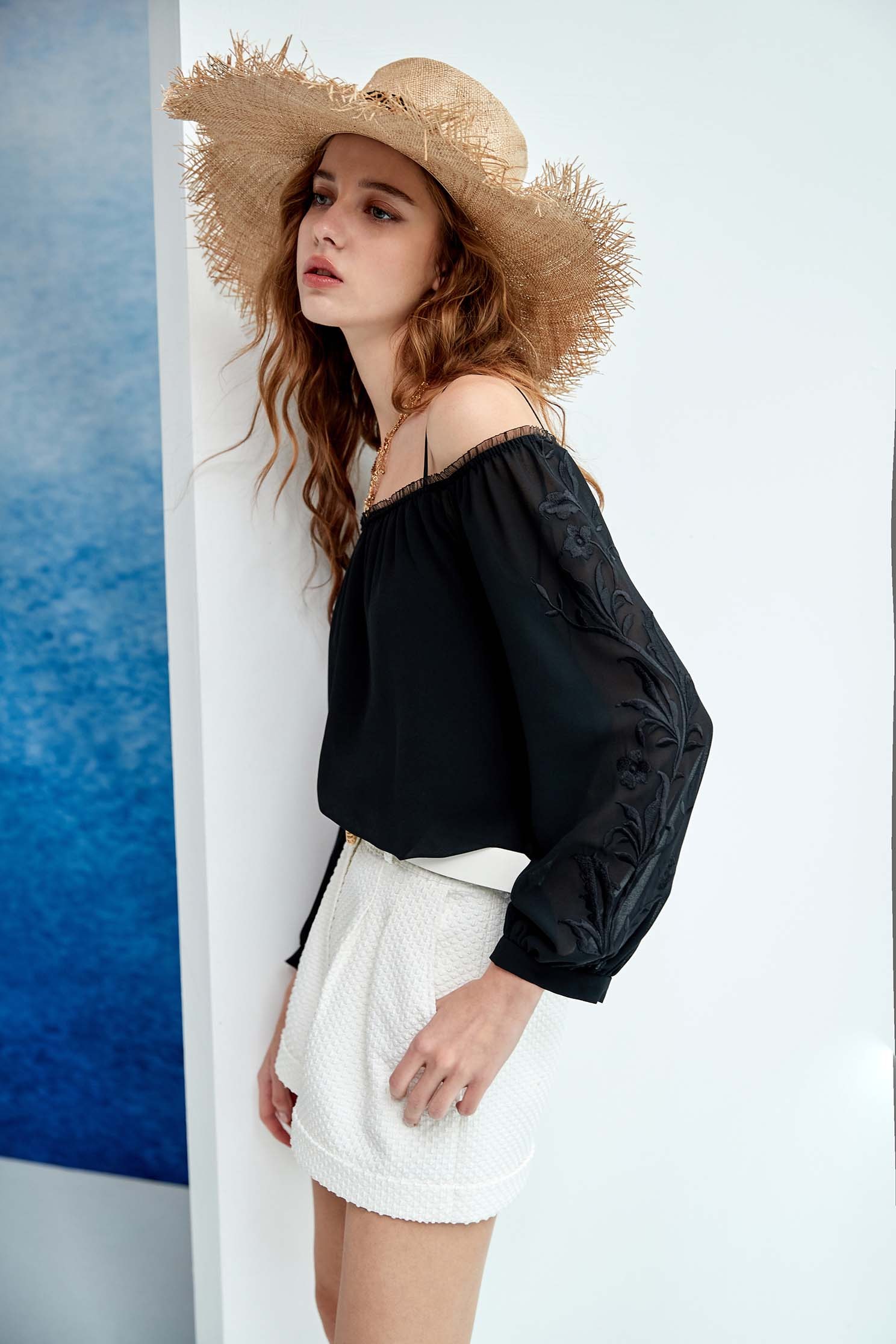 Chiffon Off-Shoulder Top With Embroidery DetailBlack chiffon off-the-shoulder top with embroidery and long sleeves,Exposed shoulders tops,Tops,Embroidered,Exposed shoulders tops,travelwear,Season (SS) Look,mothergift,Valentine,slimlooks,Long sleeve tops,Chiffon