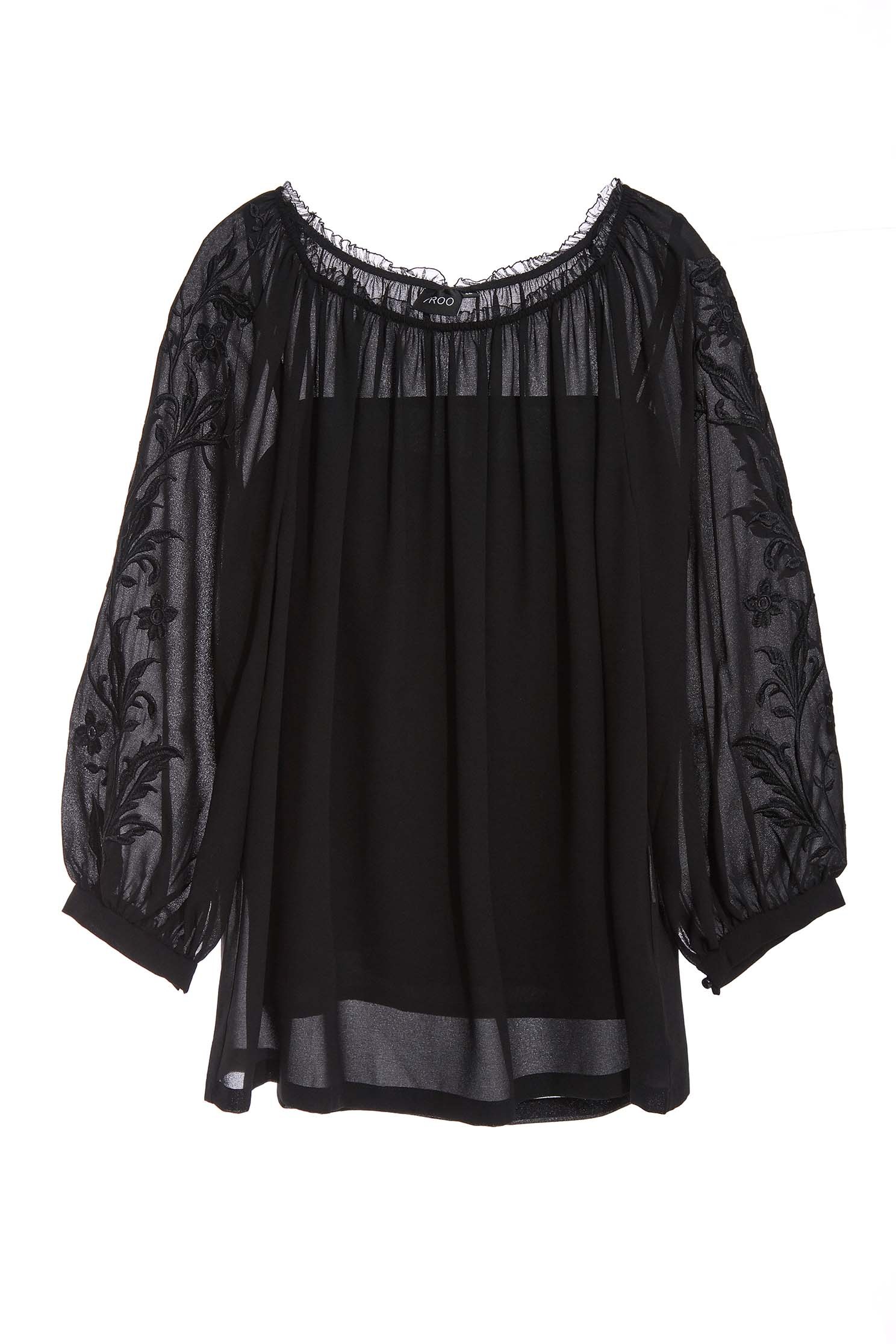 Chiffon Off-Shoulder Top With Embroidery DetailBlack chiffon off-the-shoulder top with embroidery and long sleeves,Exposed shoulders tops,Tops,Embroidered,Exposed shoulders tops,travelwear,Season (SS) Look,mothergift,Valentine,slimlooks,Long sleeve tops,Chiffon