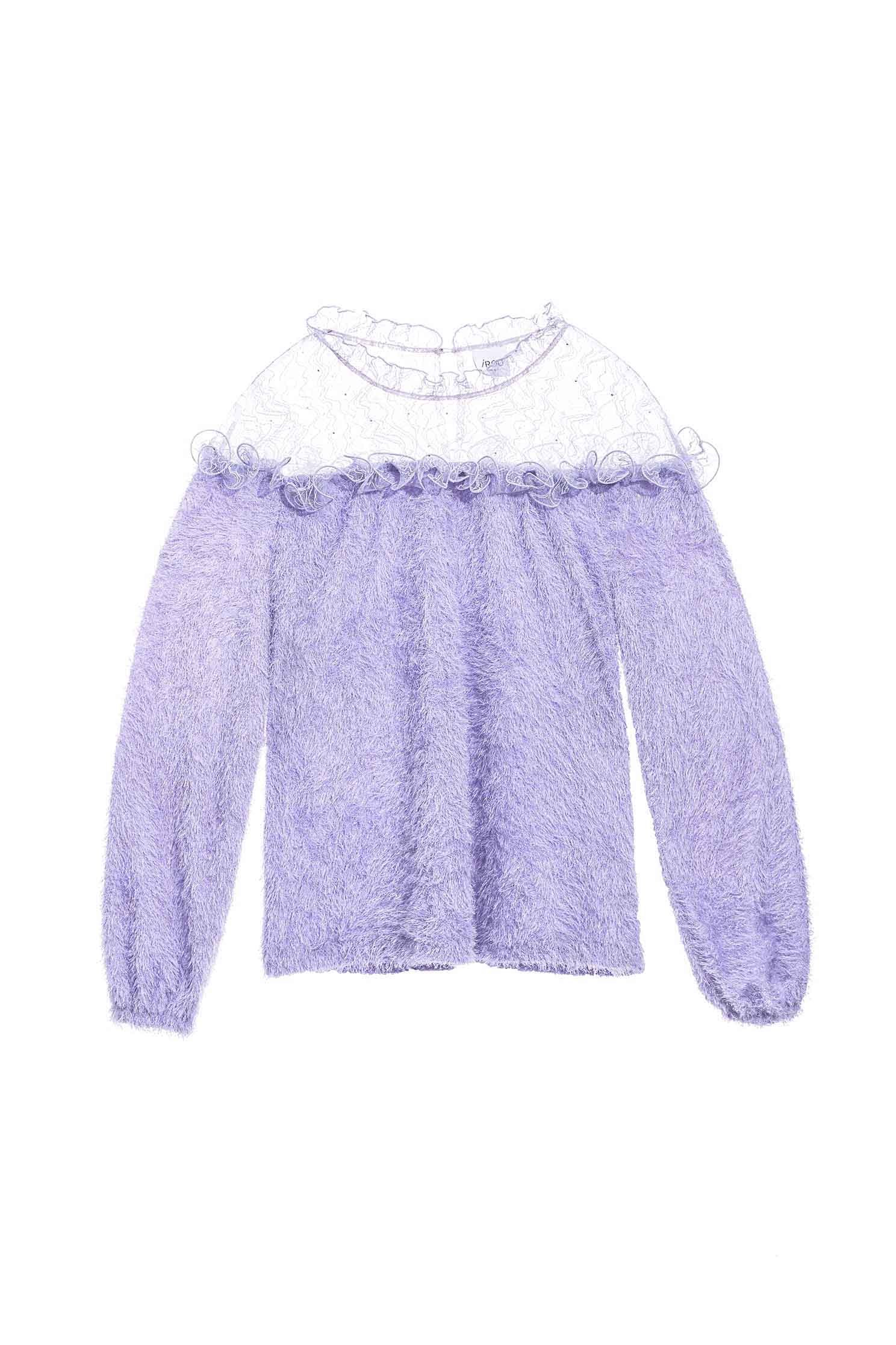 Fluffy Purple Top With Lace Yoke NecklineImitate mink hair top with ruffle,Tops,Season (AW) Look,Valentine,Lace