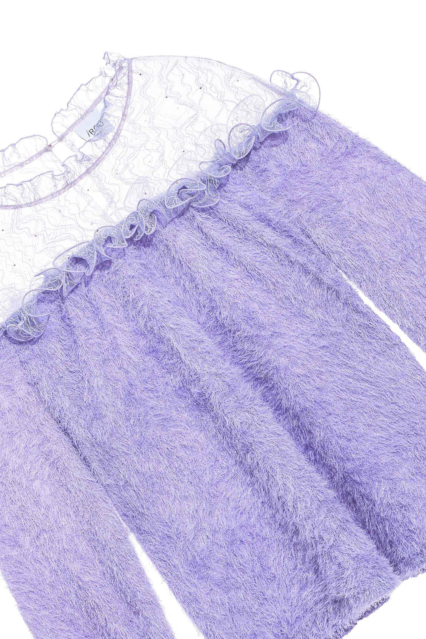 Fluffy Purple Top With Lace Yoke NecklineImitate mink hair top with ruffle,Tops,Season (AW) Look,Valentine,Lace