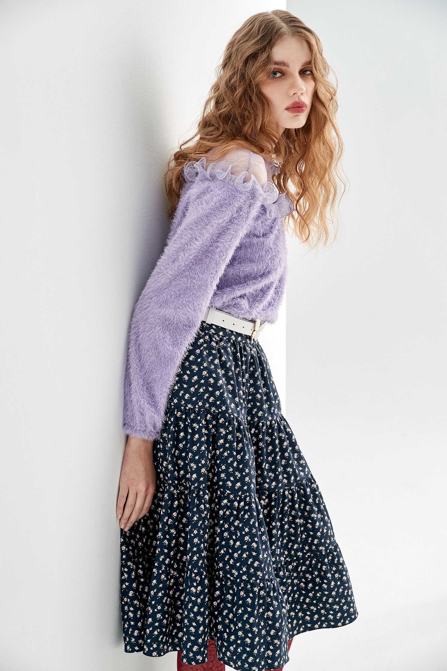 Fluffy Purple Top With Lace Yoke NecklineImitate mink hair top with ruffle,Tops,Season (AW) Look,Valentine,Lace