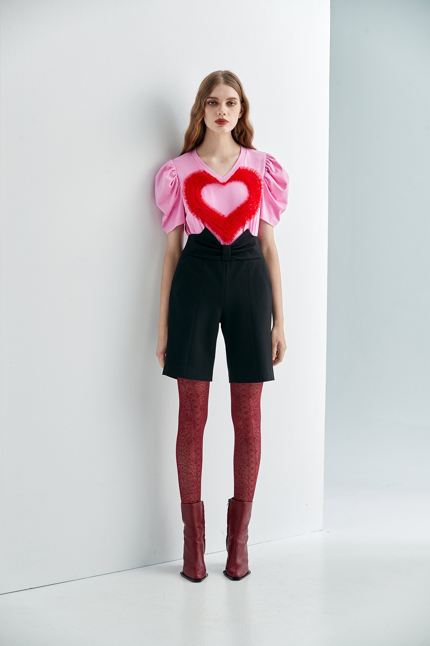 Pink Puff Sleeves Top With Pleated Ruffle Heart DetailMulti-layered heart piece top,T-shirts,T-shirts,Tops,Season (AW) Look,Pink