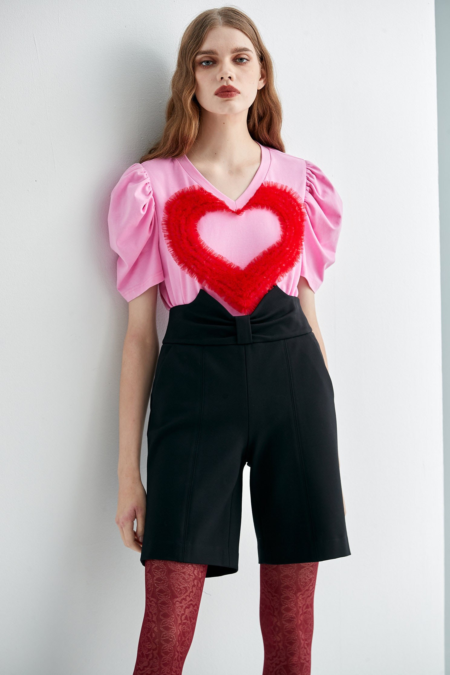 Pink Puff Sleeves Top With Pleated Ruffle Heart DetailMulti-layered heart piece top,T-shirts,T-shirts,Tops,Season (AW) Look,Pink