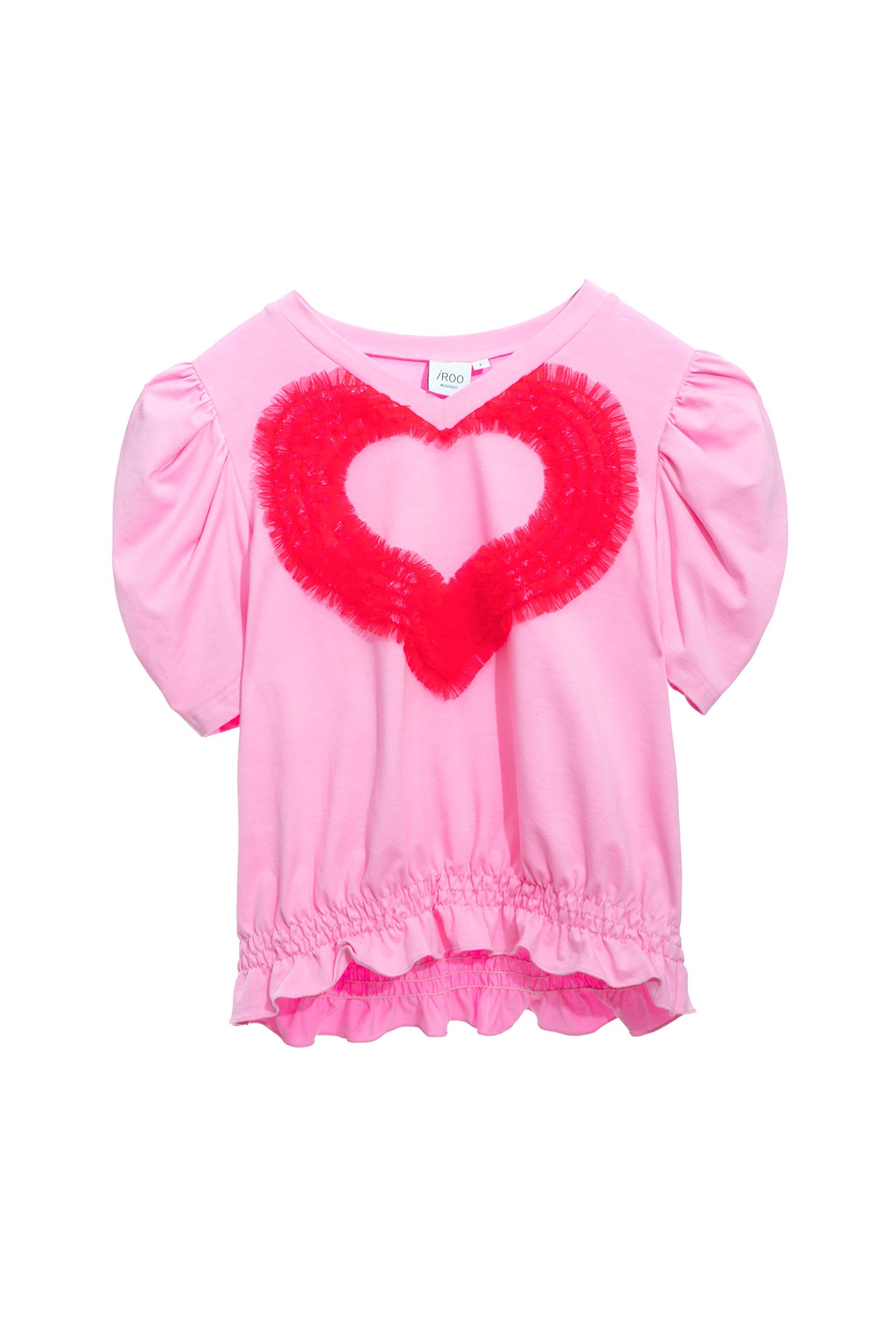 Pink Puff Sleeves Top With Pleated Ruffle Heart DetailMulti-layered heart piece top,T-shirts,T-shirts,Tops,Season (AW) Look,Pink