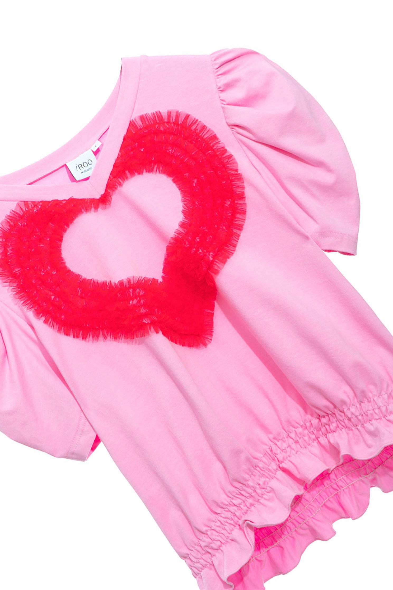 Pink Puff Sleeves Top With Pleated Ruffle Heart DetailMulti-layered heart piece top,T-shirts,T-shirts,Tops,Season (AW) Look,Pink