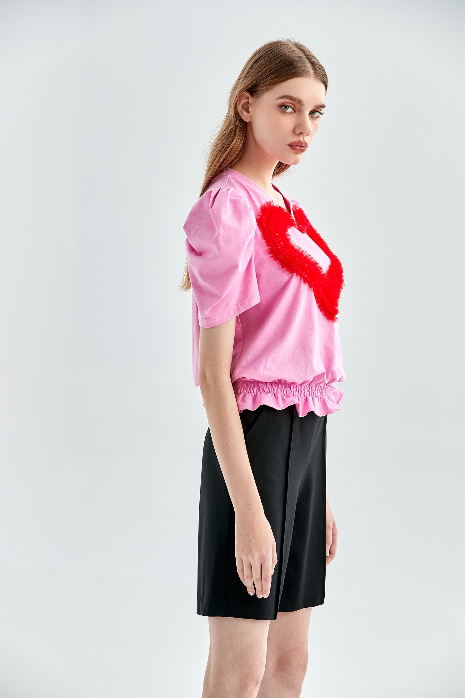 Pink Puff Sleeves Top With Pleated Ruffle Heart DetailMulti-layered heart piece top,T-shirts,T-shirts,Tops,Season (AW) Look,Pink