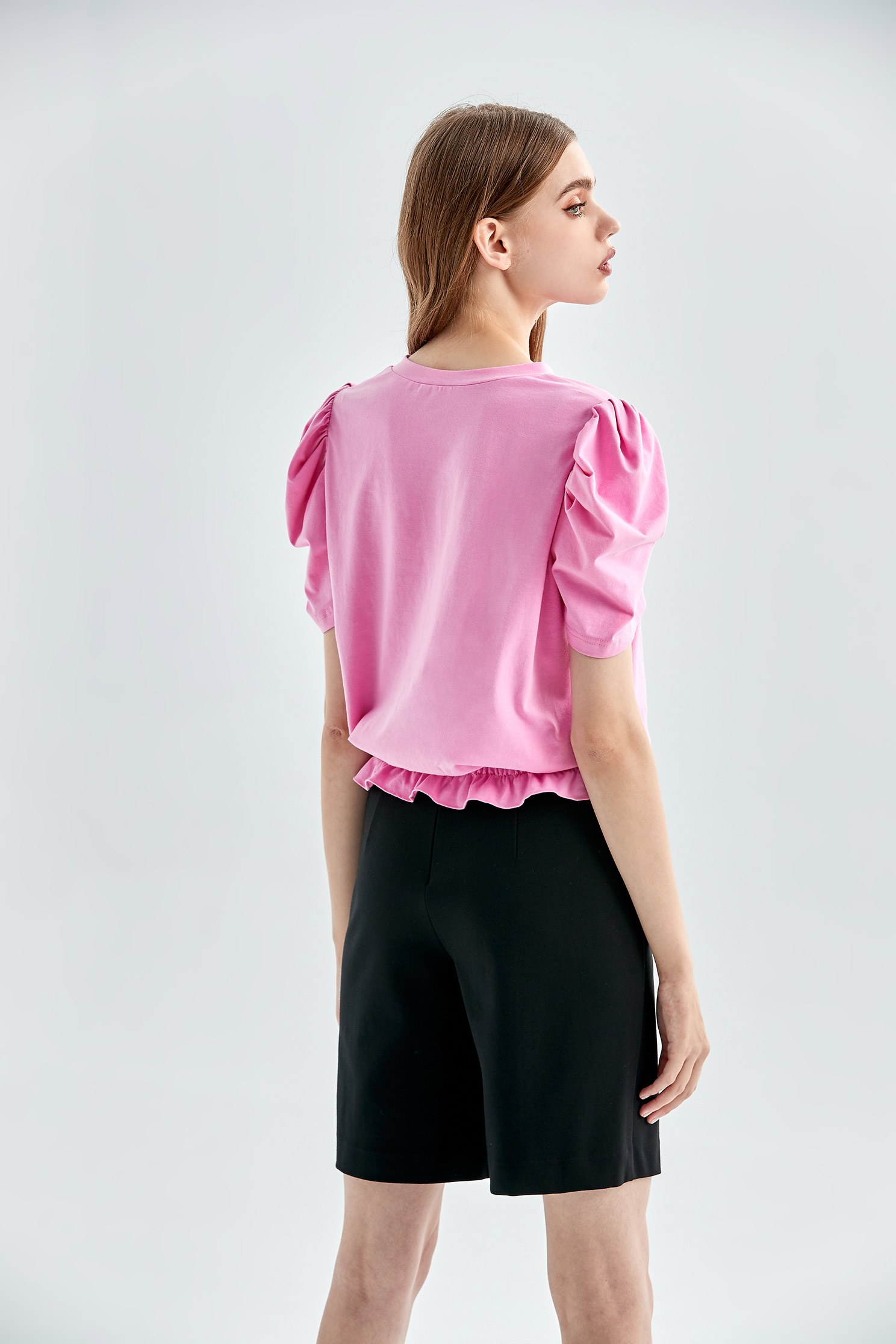 Pink Puff Sleeves Top With Pleated Ruffle Heart DetailMulti-layered heart piece top,T-shirts,T-shirts,Tops,Season (AW) Look,Pink