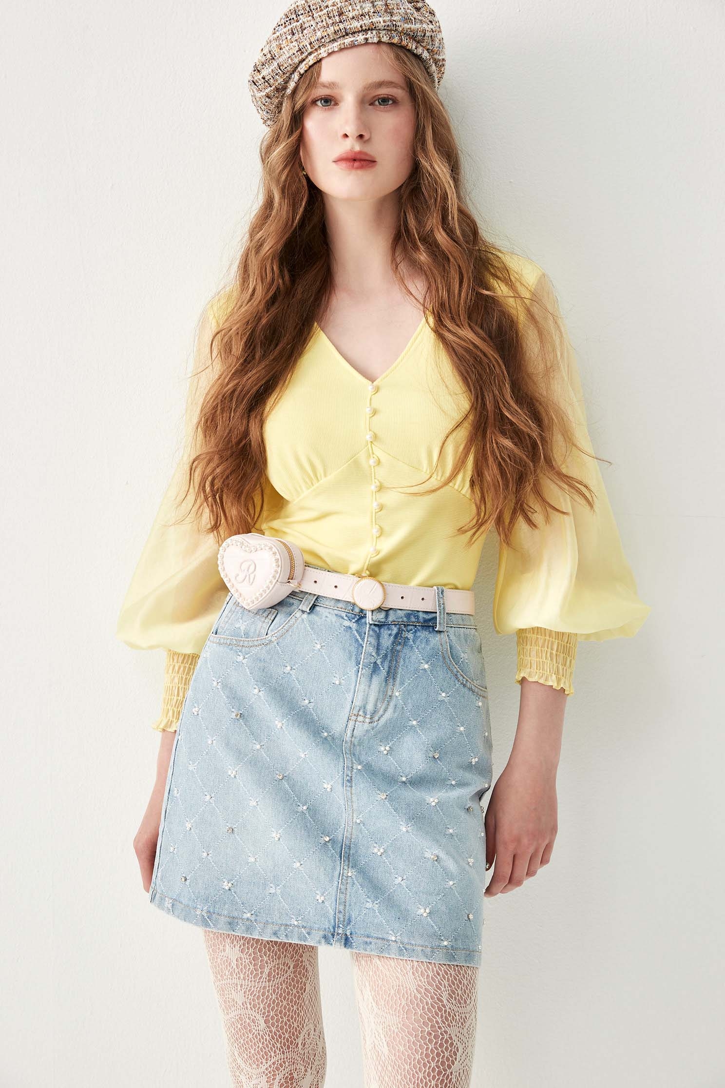 V-neck Yellow Top With Pearl DetailV-neck Yellow Top With Pearl Detail,Tops,Season (AW) Look