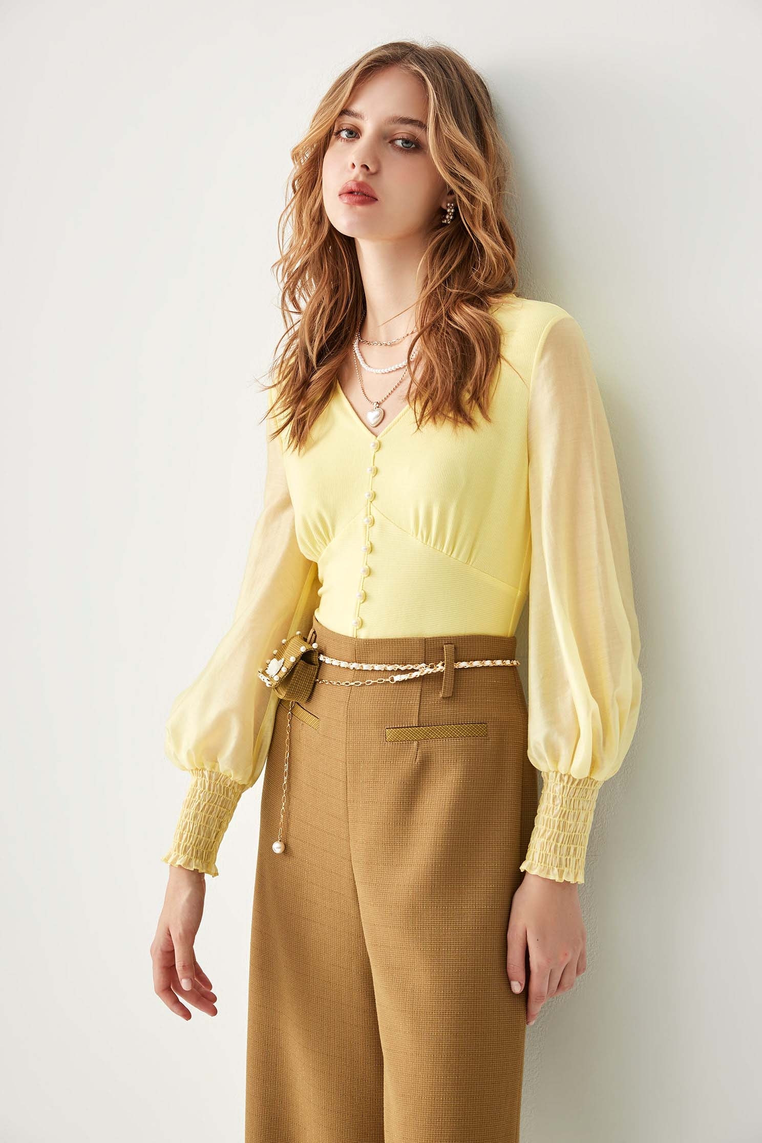 V-neck Yellow Top With Pearl DetailV-neck Yellow Top With Pearl Detail,Tops,Season (AW) Look