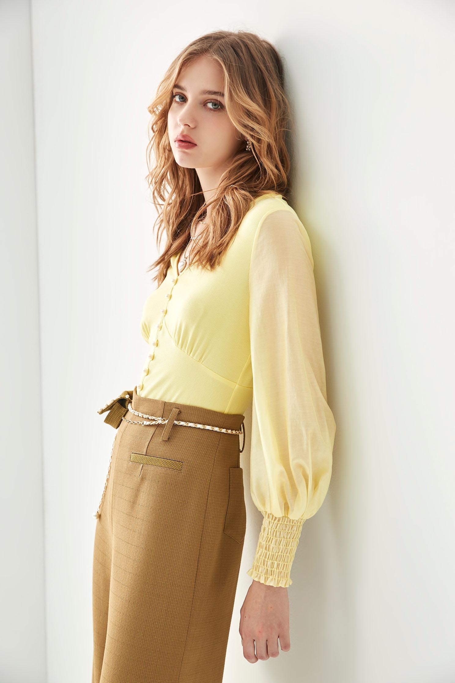 V-neck Yellow Top With Pearl DetailV-neck Yellow Top With Pearl Detail,Tops,Season (AW) Look