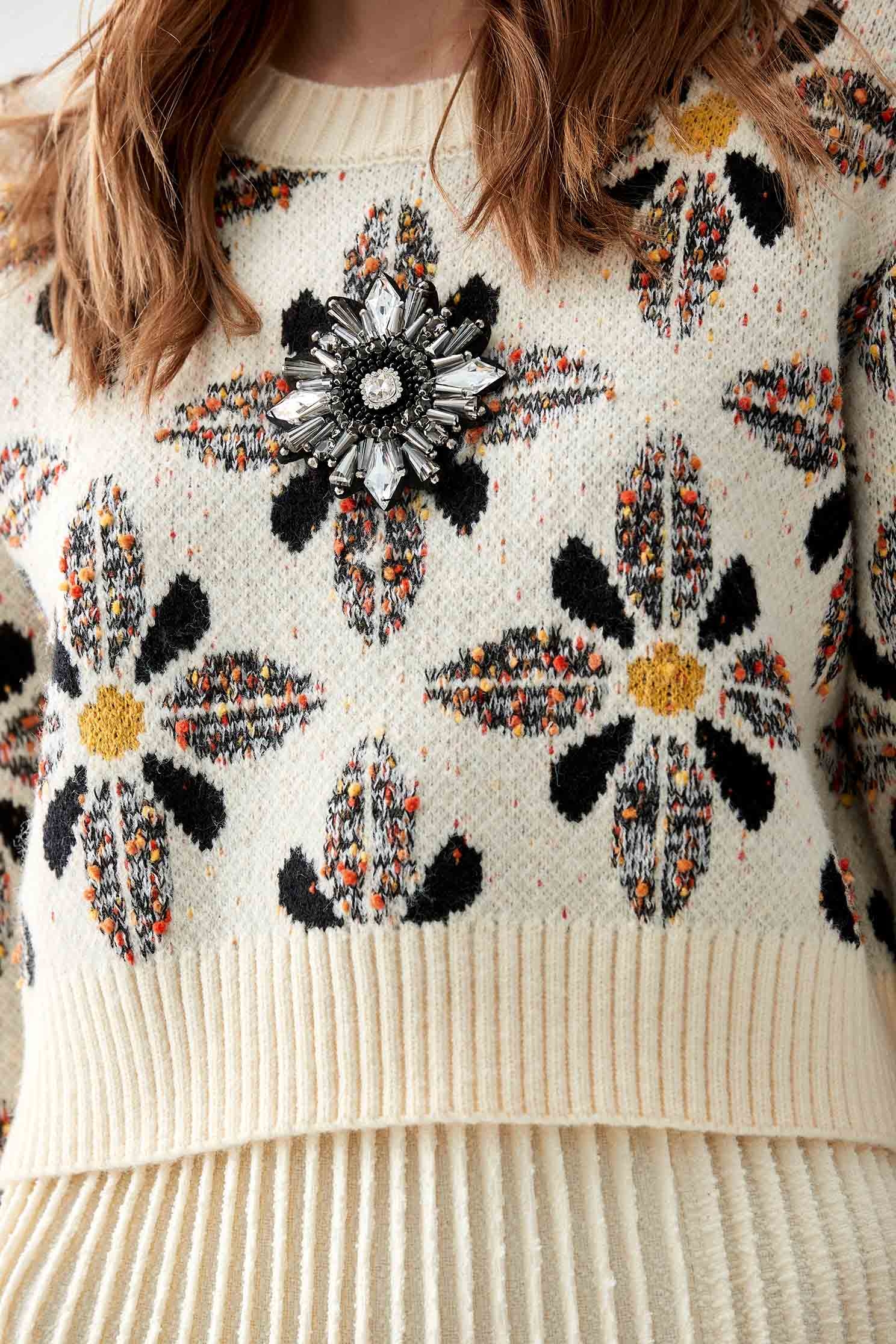 Bold Embroidery Pattern Long Sleeve Knit TopBold Embroidery Pattern Long Sleeve Knit Top,Tops,Season (AW) Look,Knitted,Knitted tops,Knitted tops