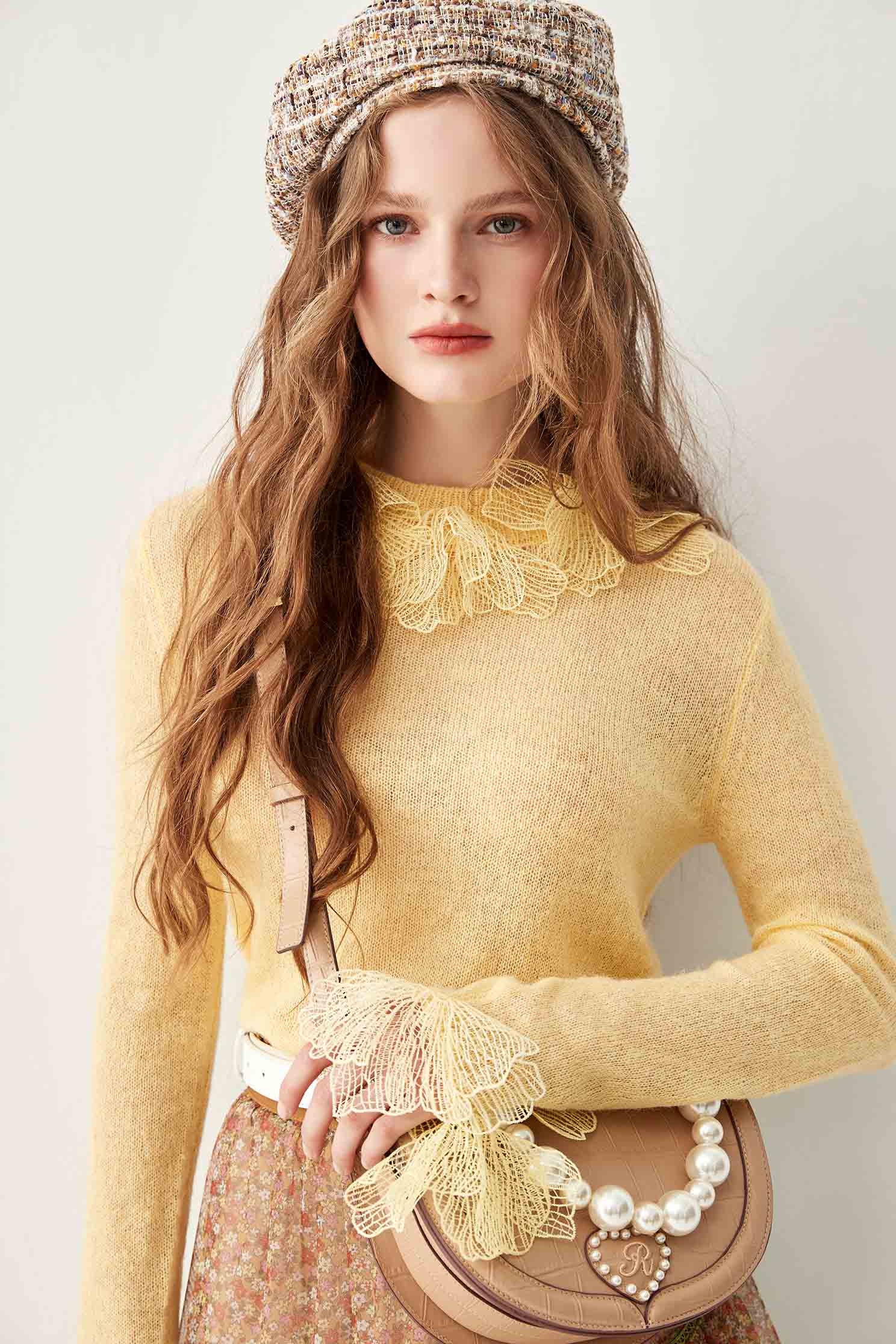 Long Sleeve Knit Top With Lotus Lace MotifsLong Sleeve Knit Top With Lotus Lace Motifs,Tops,Season (AW) Look,Lace,Knitted,Knitted tops,Knitted tops