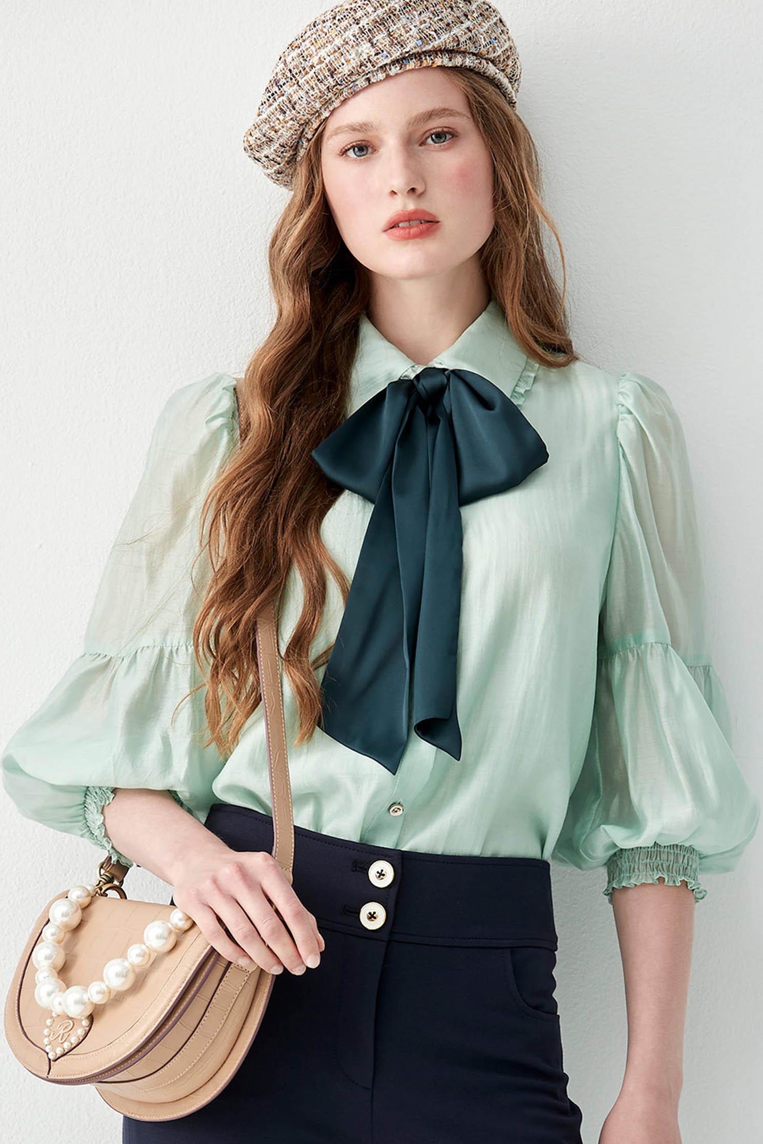 Ruffle Collar Trim Blouse With Contrast RibbonRuffle Collar Trim Blouse With Contrast Ribbon,Tops,Season (AW) Look,bows,Blouses