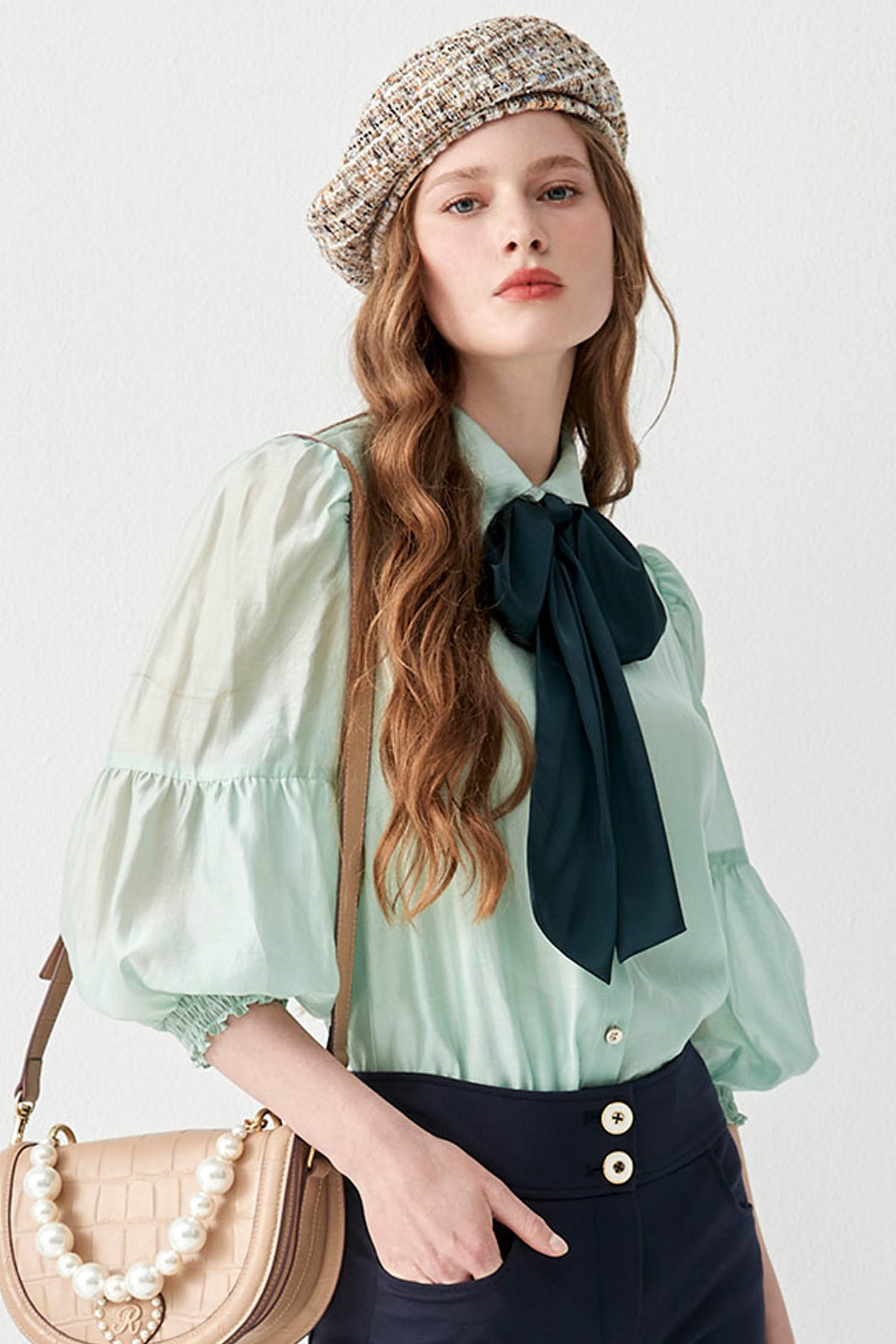 Ruffle Collar Trim Blouse With Contrast RibbonRuffle Collar Trim Blouse With Contrast Ribbon,Tops,Season (AW) Look,bows,Blouses