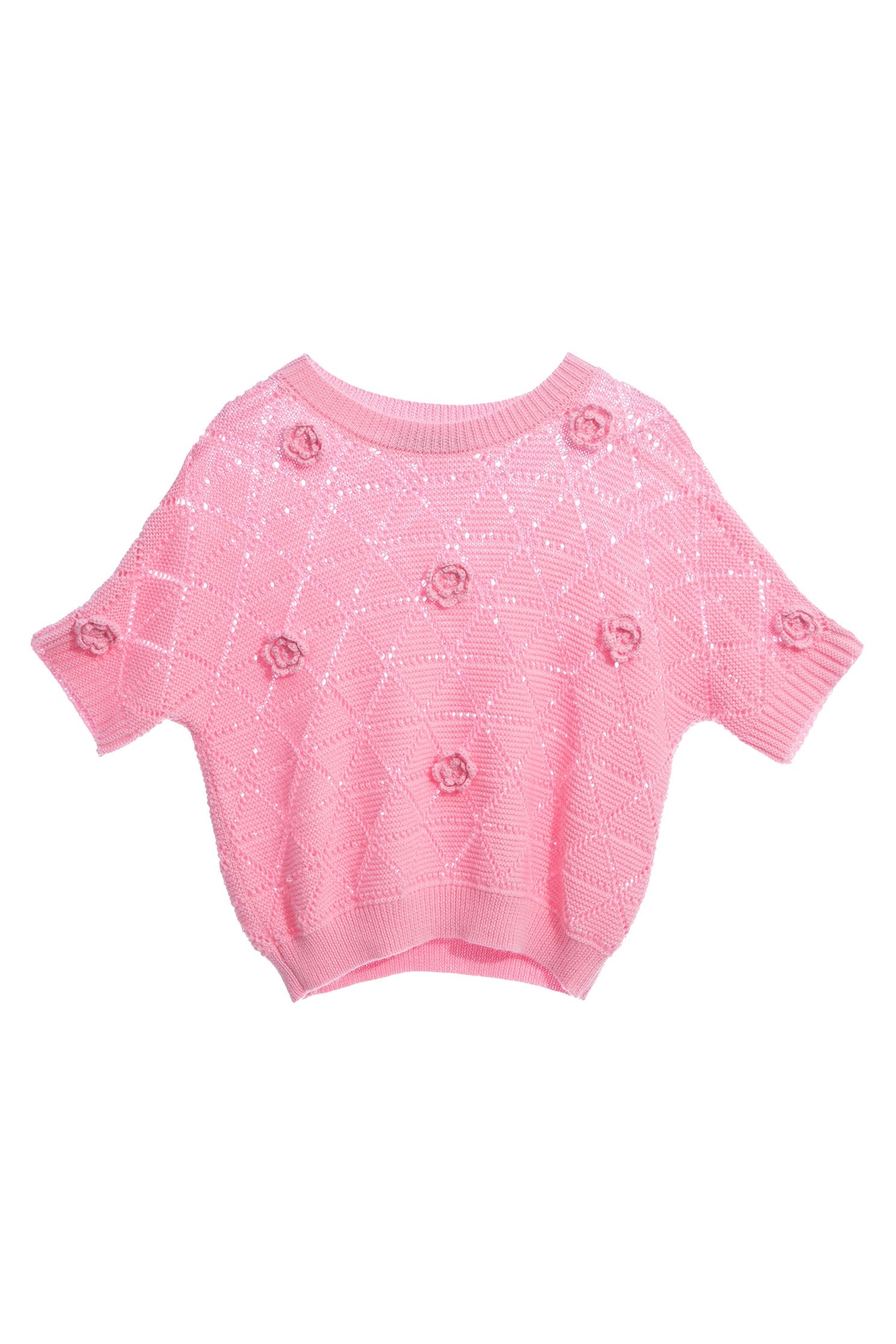 Pink Knit Top With Hand Knit Floral DetailPink Knit Top With Hand Knit Floral Detail,Tops,Plaid,Season (AW) Look,Knitted,Knitted tops,Knitted tops