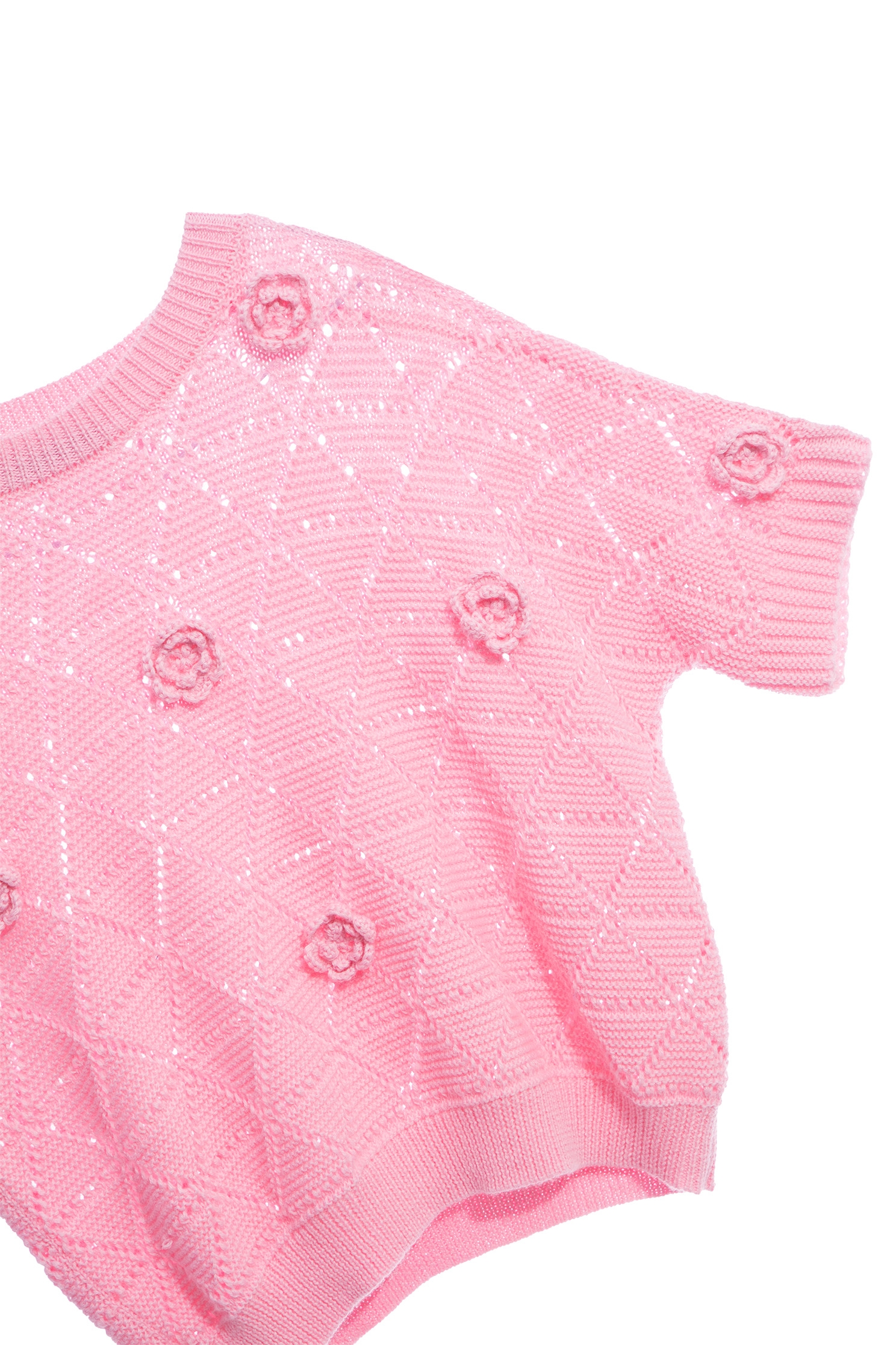 Pink Knit Top With Hand Knit Floral DetailPink Knit Top With Hand Knit Floral Detail,Tops,Plaid,Season (AW) Look,Knitted,Knitted tops,Knitted tops