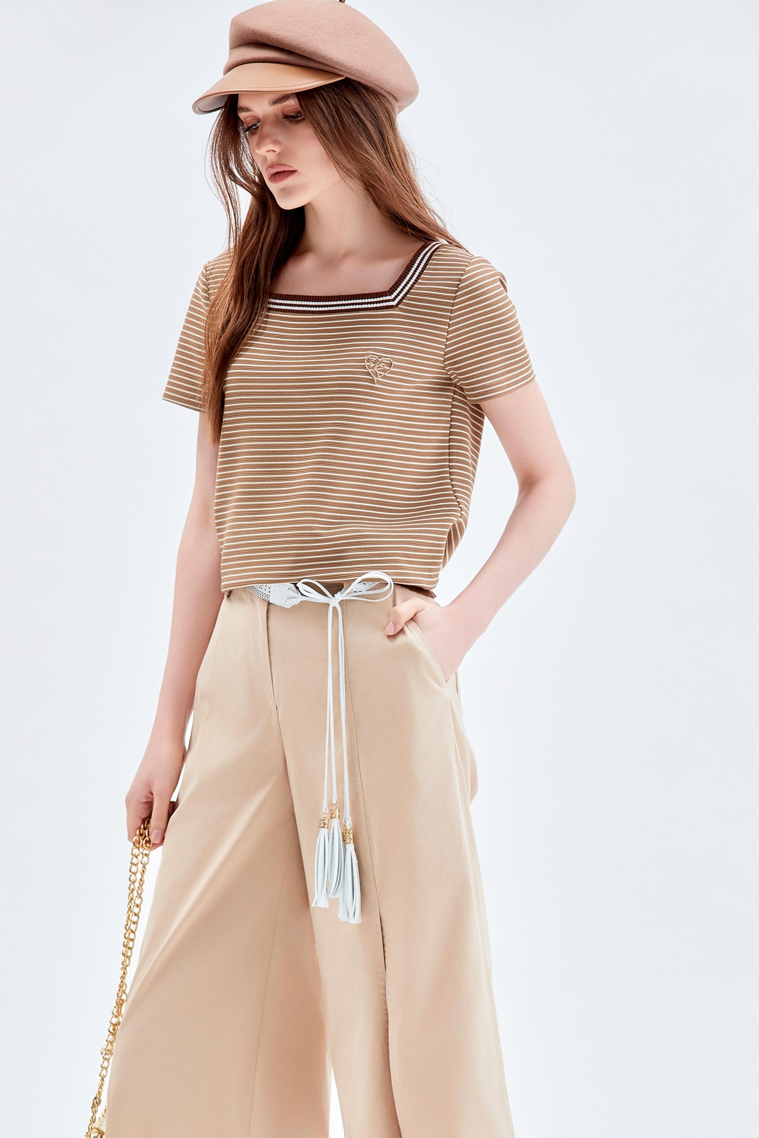 Brown Stripe Short Sleeve TopBrown Stripe Short Sleeve Top,Tops,Stripe,Season (AW) Look,Embroidered