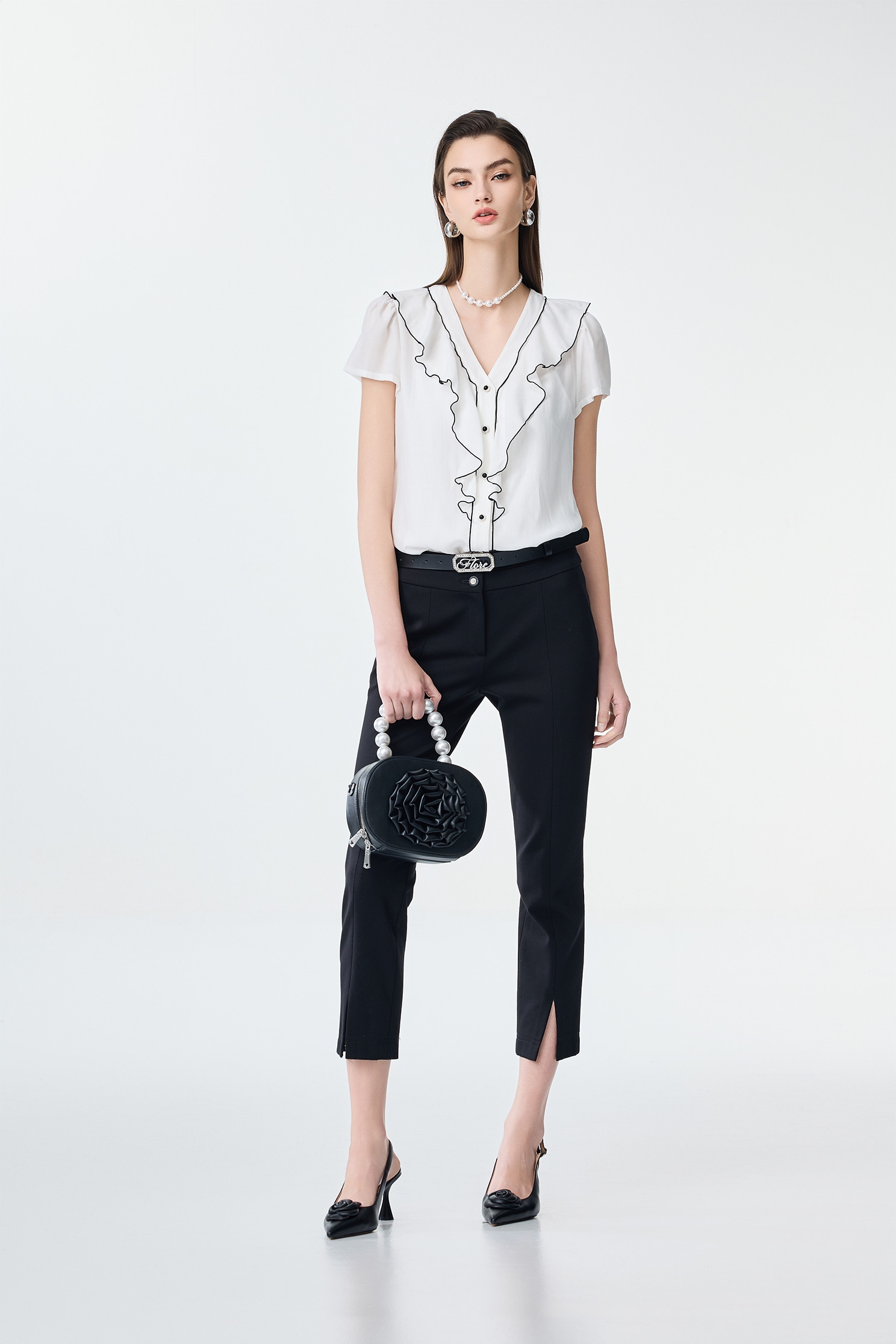 Black Trim Ruffle Detail Top,Office Looks,Tops,Season (SS) Look