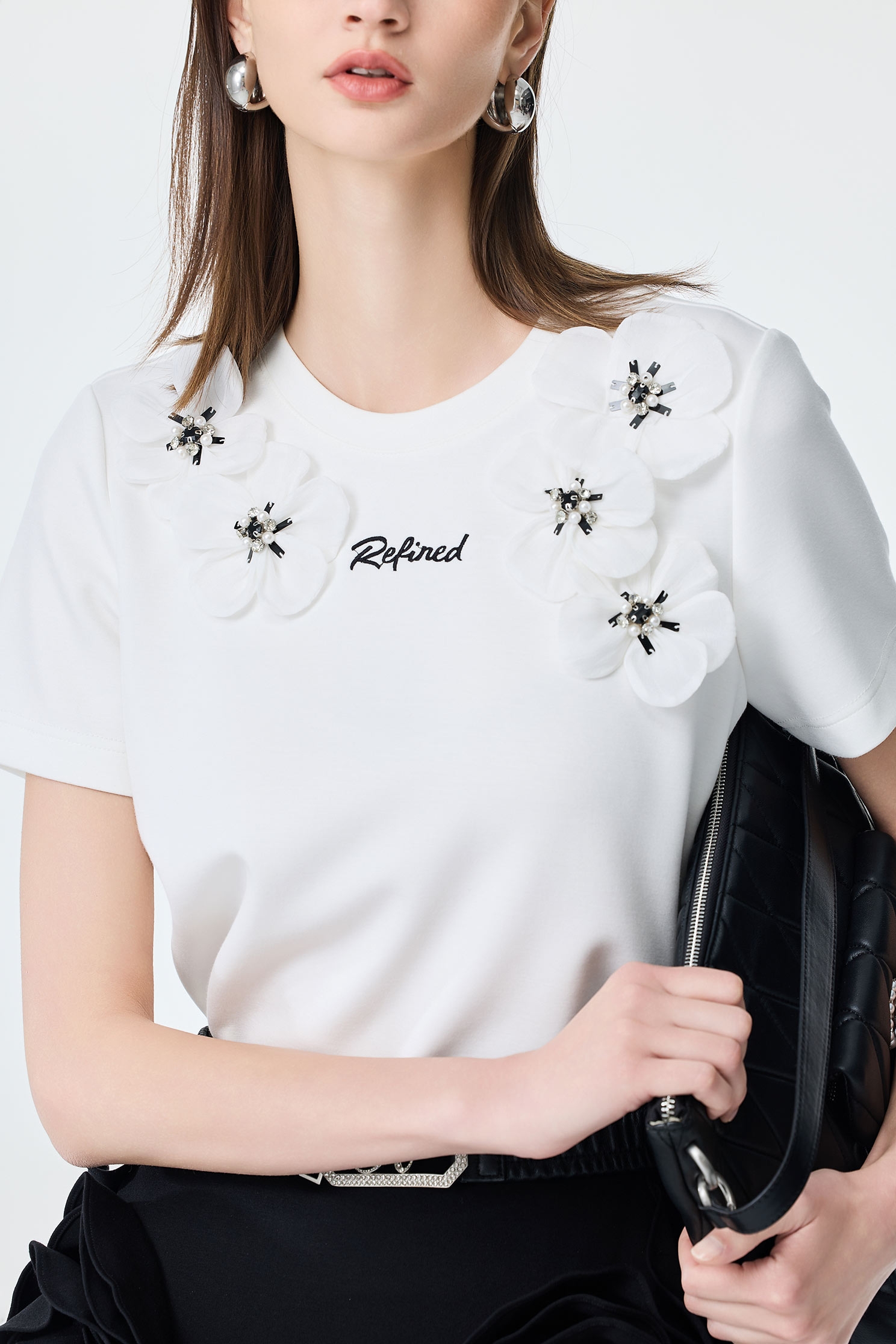 3-D Floral Detail Short Sleeve Tee,Tops,Season (SS) Look,blossoms