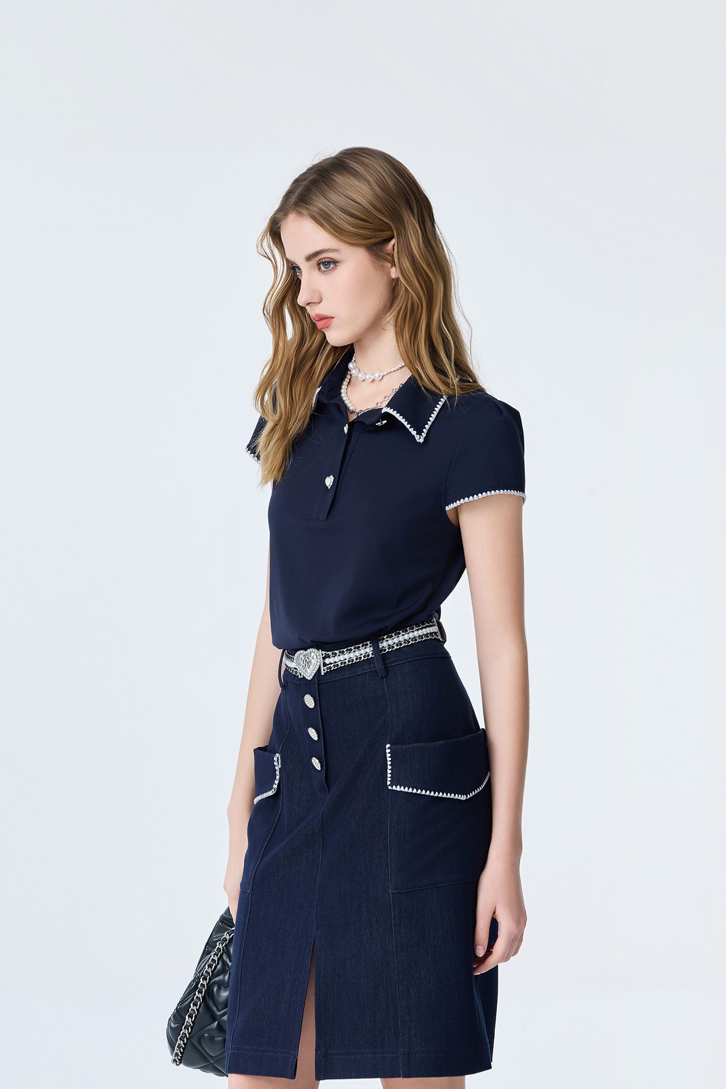 Embroidery Trim Detail Navy TopEmbroidery Trim Detail Navy Top,Tops,Embroidered,Season (SS) Look,Knitted