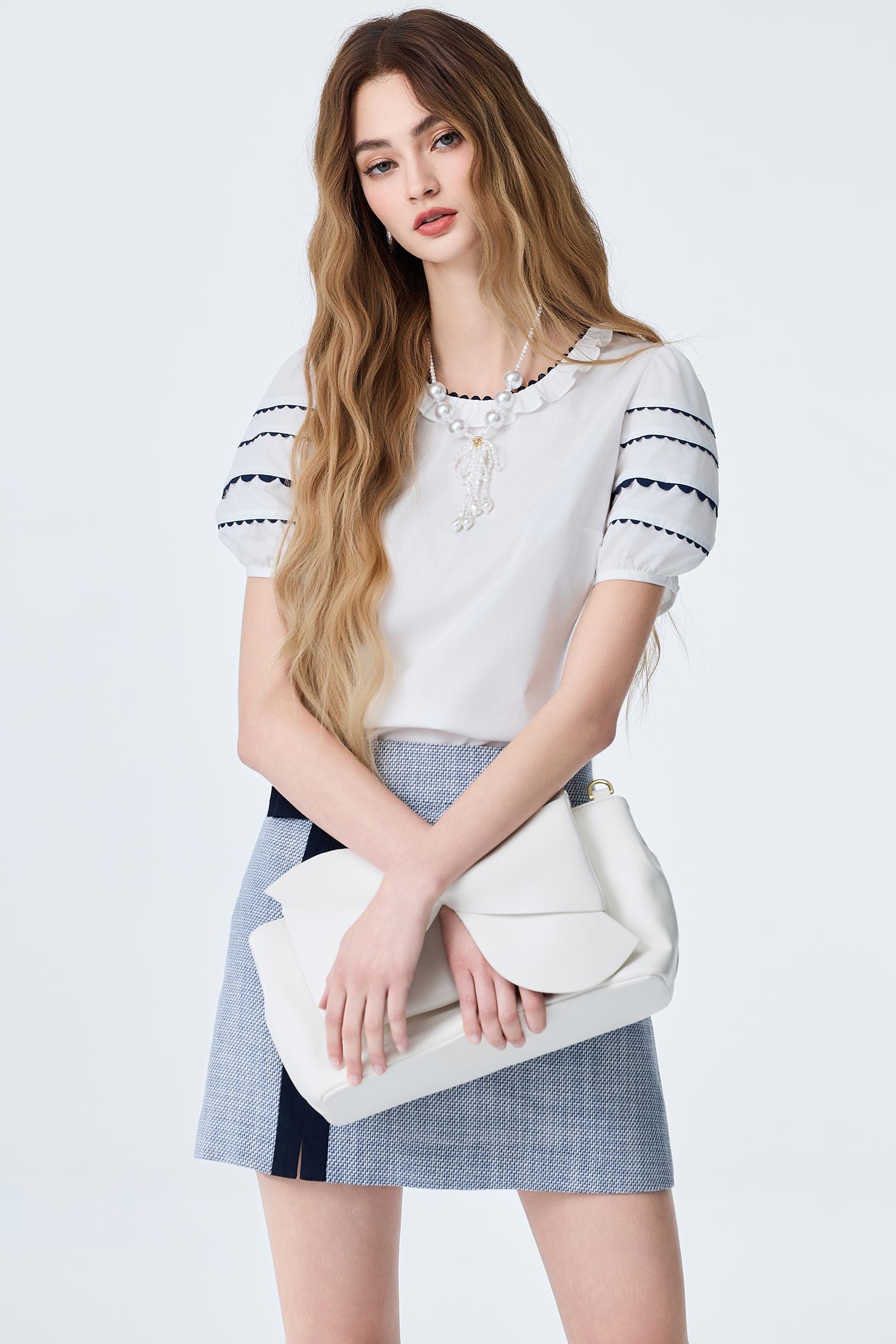 Contrast Navy Trim Detail Ruffle Neckline TopContrast Navy Trim Detail Ruffle Neckline Top,Tops,Season (SS) Look,White tops