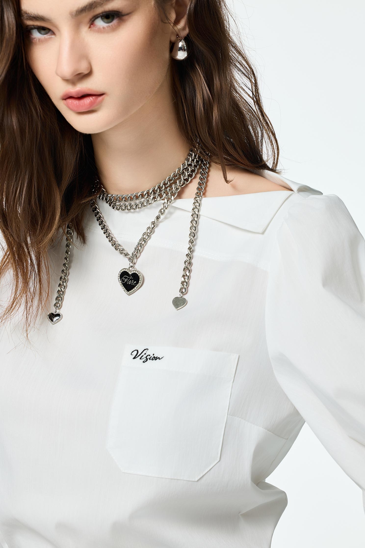 Boat Neckline With Foldover Collar TopBoat Neckline With Foldover Collar Top,Tops,Season (SS) Look,White tops,Embroidered