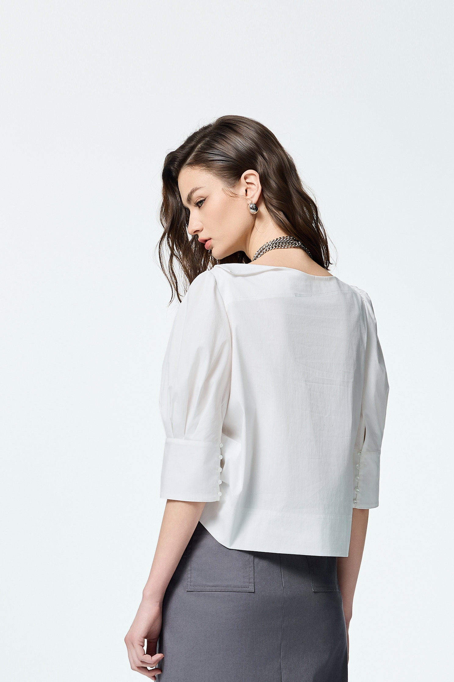 Boat Neckline With Foldover Collar TopBoat Neckline With Foldover Collar Top,Tops,Season (SS) Look,White tops,Embroidered