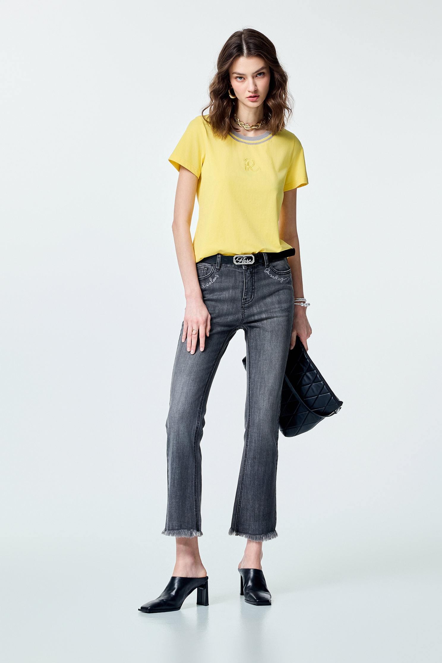 Contrast Rib Neckline Yellow TeeContrast Rib Neckline Yellow Tee,T-shirts,Tops,Season (SS) Look,Cotton,Embroidered