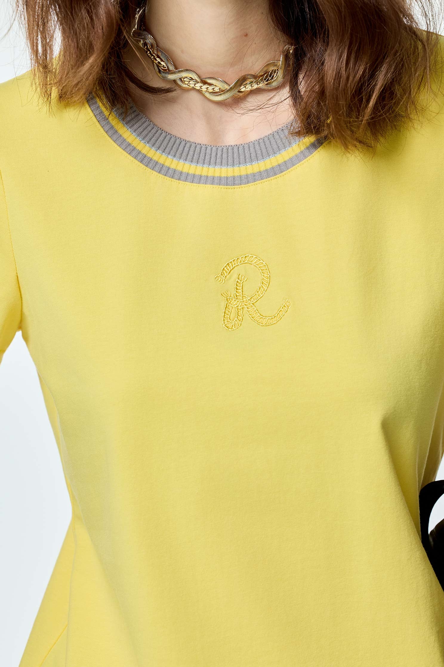 Contrast Rib Neckline Yellow TeeContrast Rib Neckline Yellow Tee,T-shirts,Tops,Season (SS) Look,Cotton,Embroidered