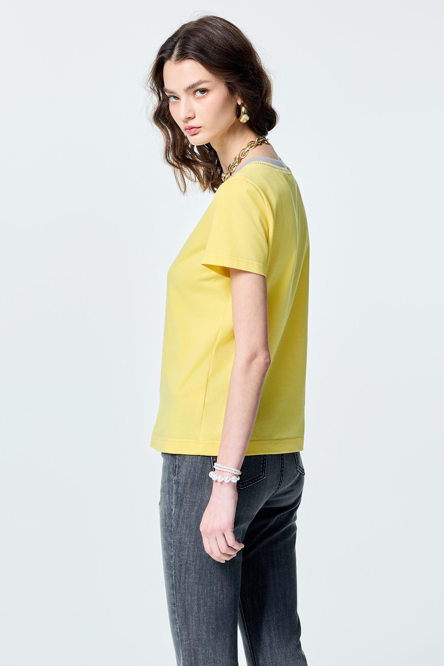 Contrast Rib Neckline Yellow TeeContrast Rib Neckline Yellow Tee,T-shirts,Tops,Season (SS) Look,Cotton,Embroidered