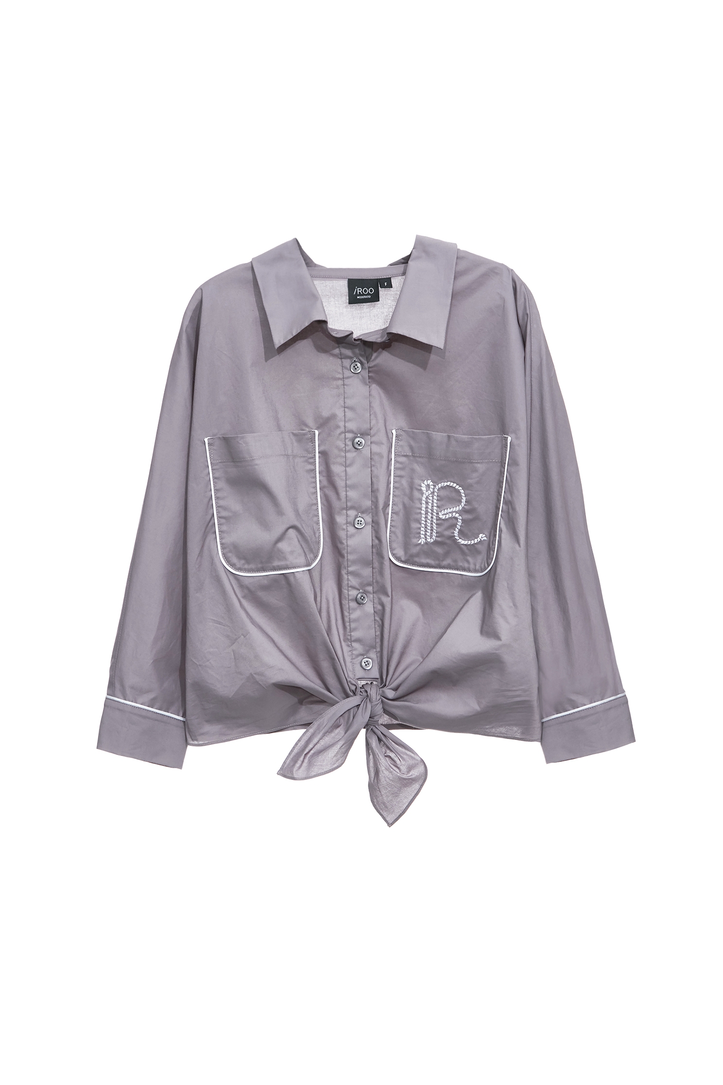 Front Knot Patch Pocket Grey BlouseFront Knot Patch Pocket Grey Blouse,Tops,Season (SS) Look,Embroidered,Blouses