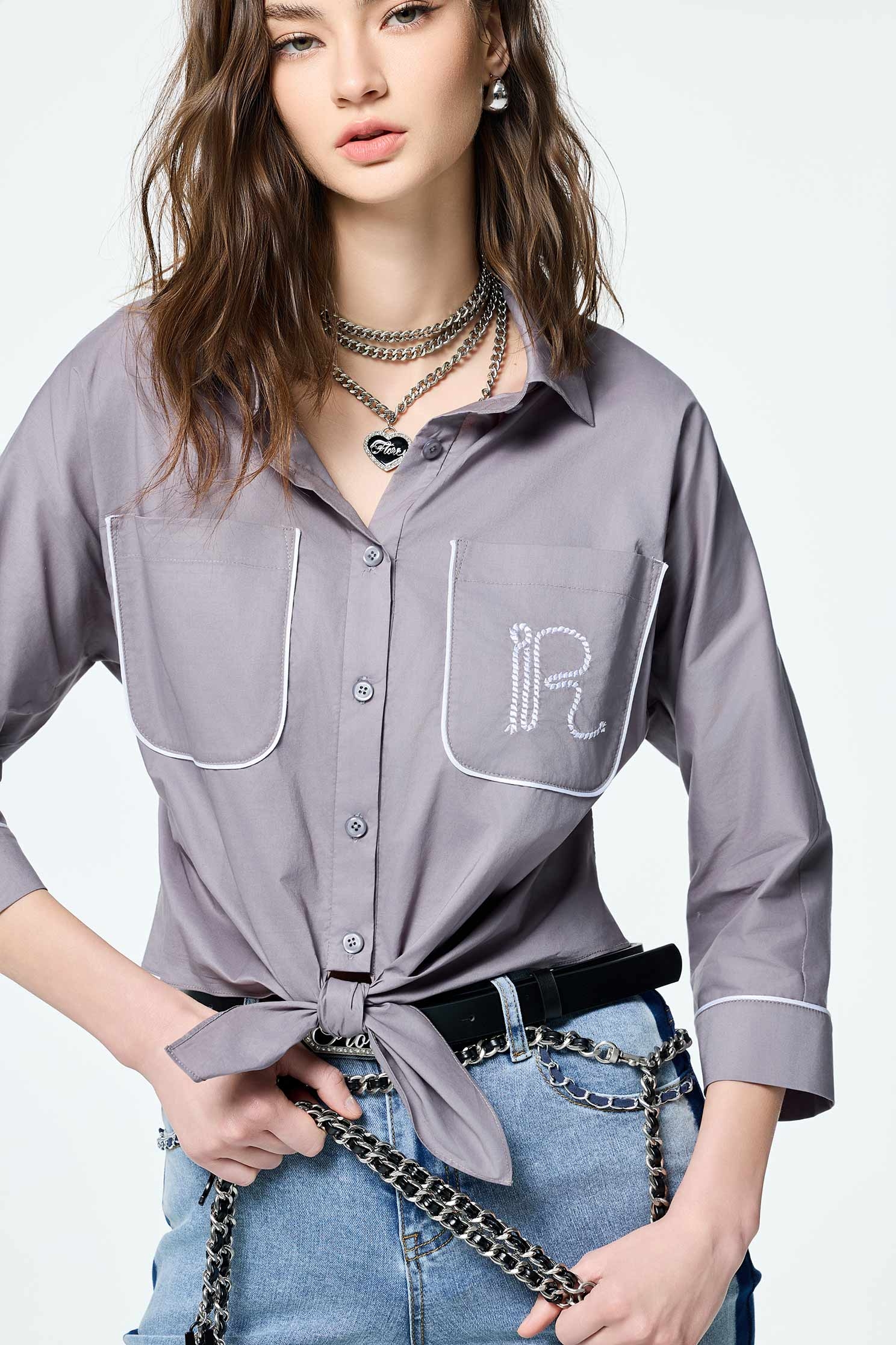 Front Knot Patch Pocket Grey BlouseFront Knot Patch Pocket Grey Blouse,Tops,Season (SS) Look,Embroidered,Blouses