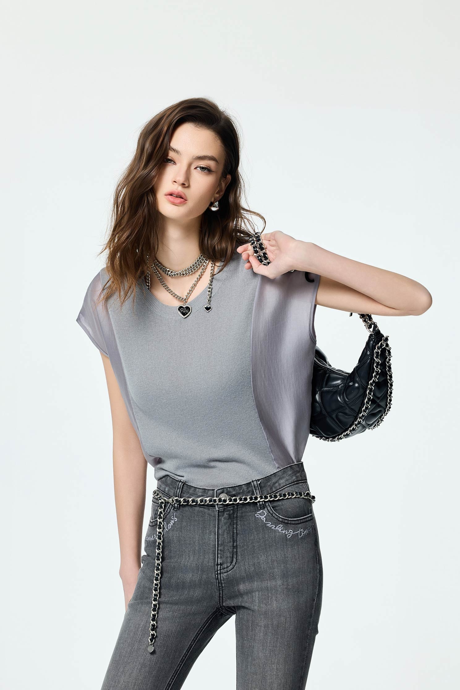 Knit With Woven Mix Fabric Grey TopKnit With Woven Mix Fabric Grey Top,Tops,Season (SS) Look,Knitted