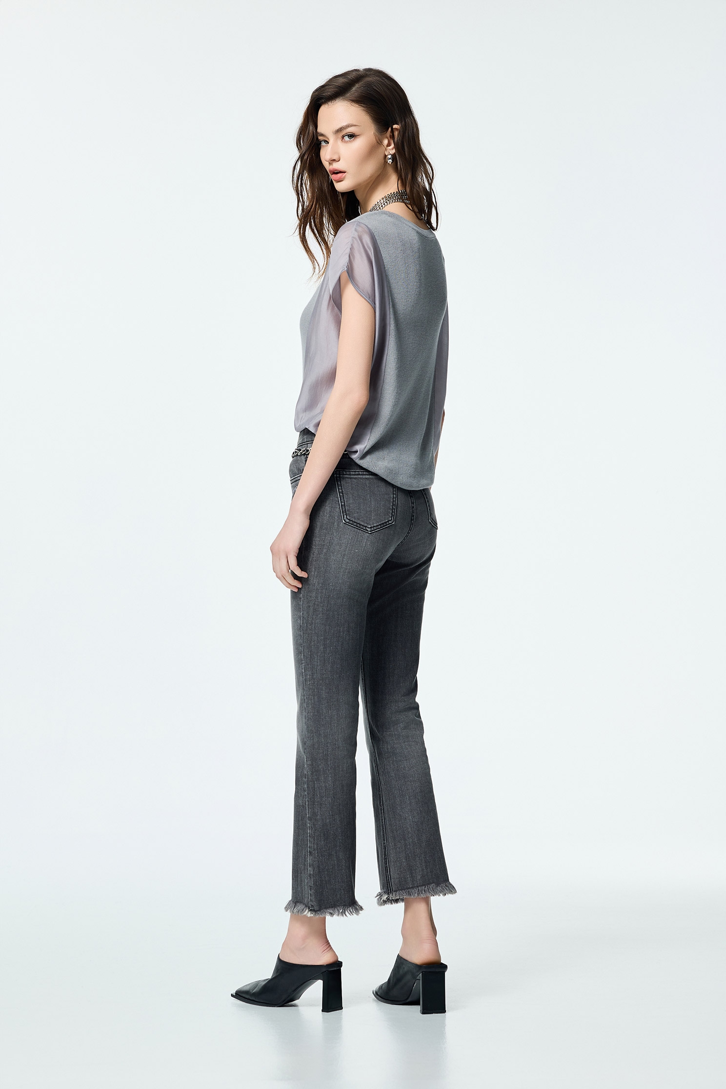 Knit With Woven Mix Fabric Grey TopKnit With Woven Mix Fabric Grey Top,Tops,Season (SS) Look,Knitted